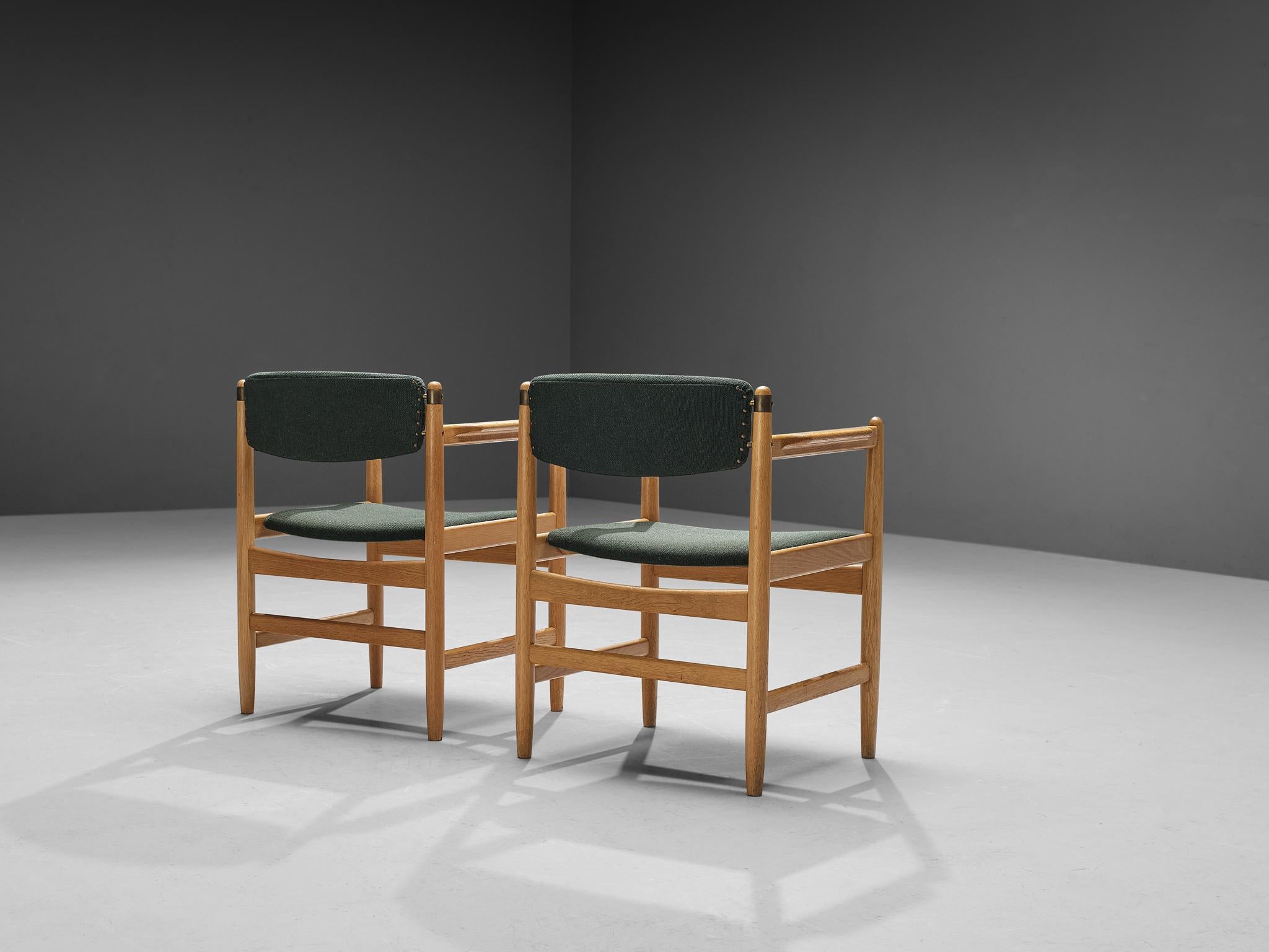 Brass Danish Pair of Armchairs in Oak and Forest Green Upholstery  For Sale