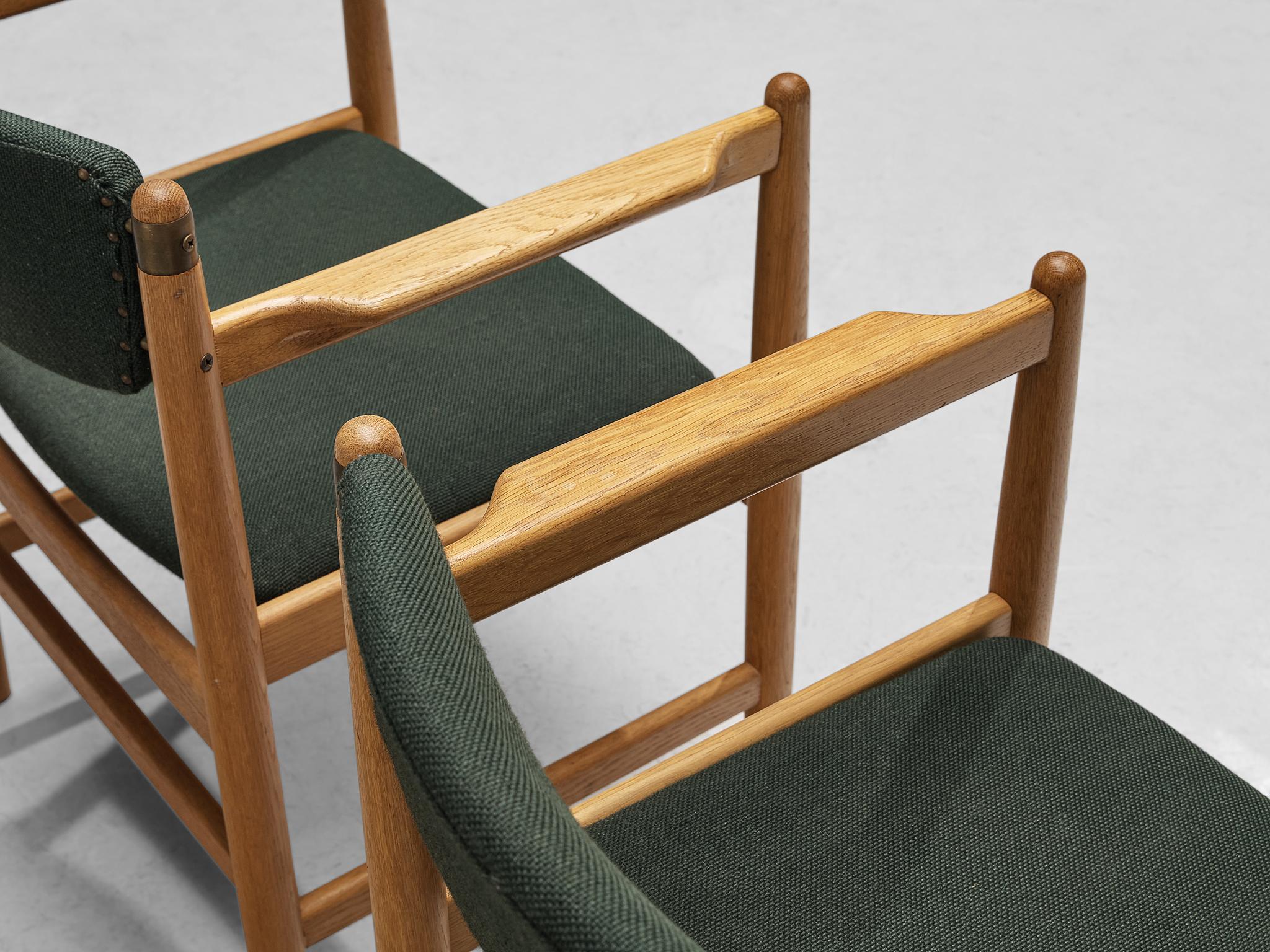 Danish Pair of Armchairs in Oak and Forest Green Upholstery  For Sale 1