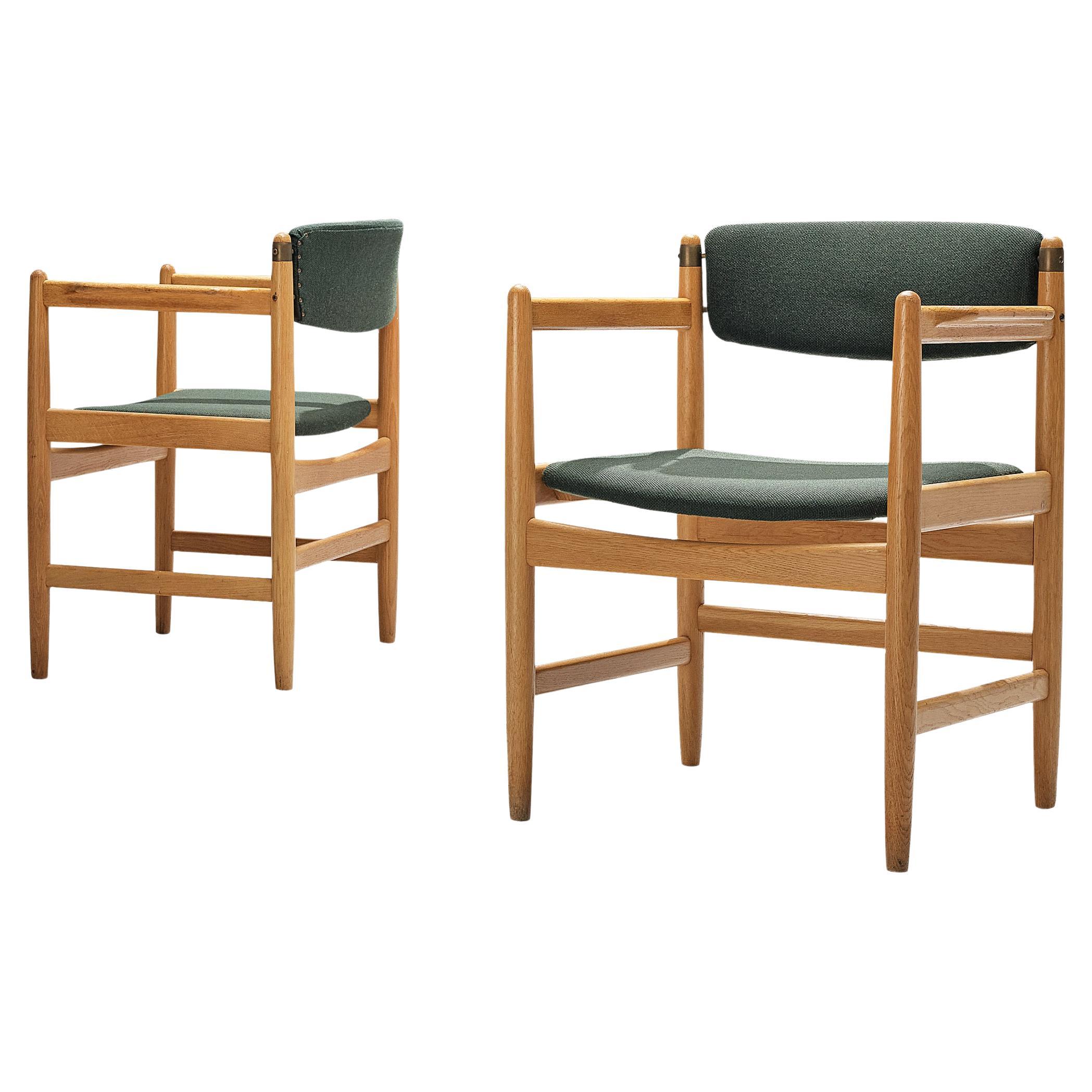 Danish Pair of Armchairs in Oak and Forest Green Upholstery