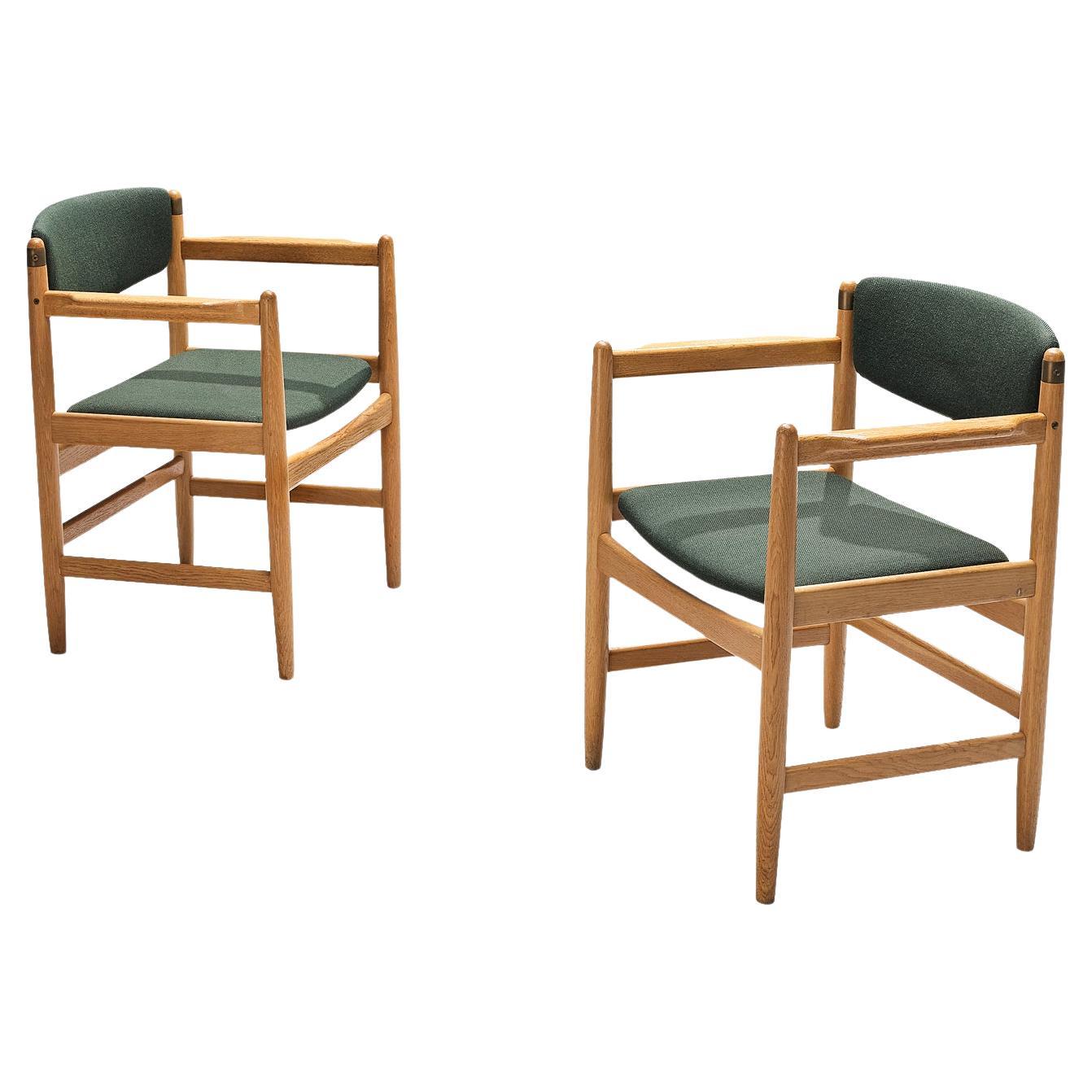 Danish Pair of Armchairs in Oak and Forest Green Upholstery  For Sale