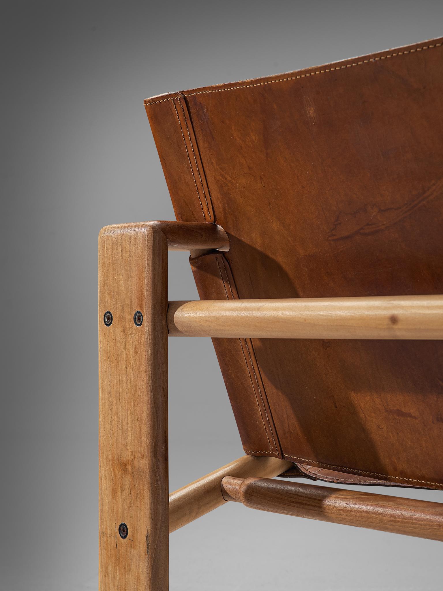 Danish Italian Pair of Cubist Armchairs in Cognac Leather and Elm by Tarcisio Colzani