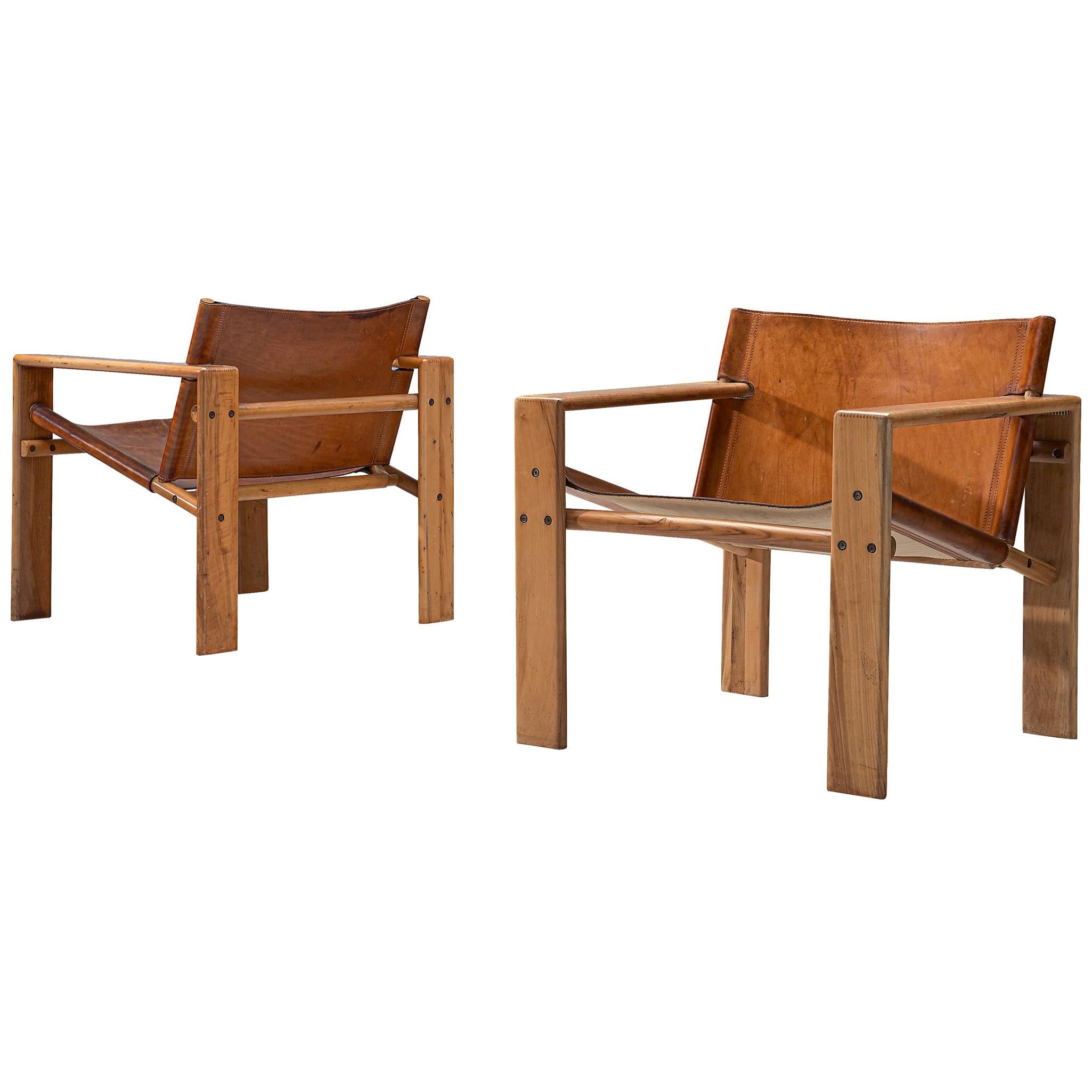 Italian Pair of Cubist Armchairs in Cognac Leather and Elm by Tarcisio Colzani