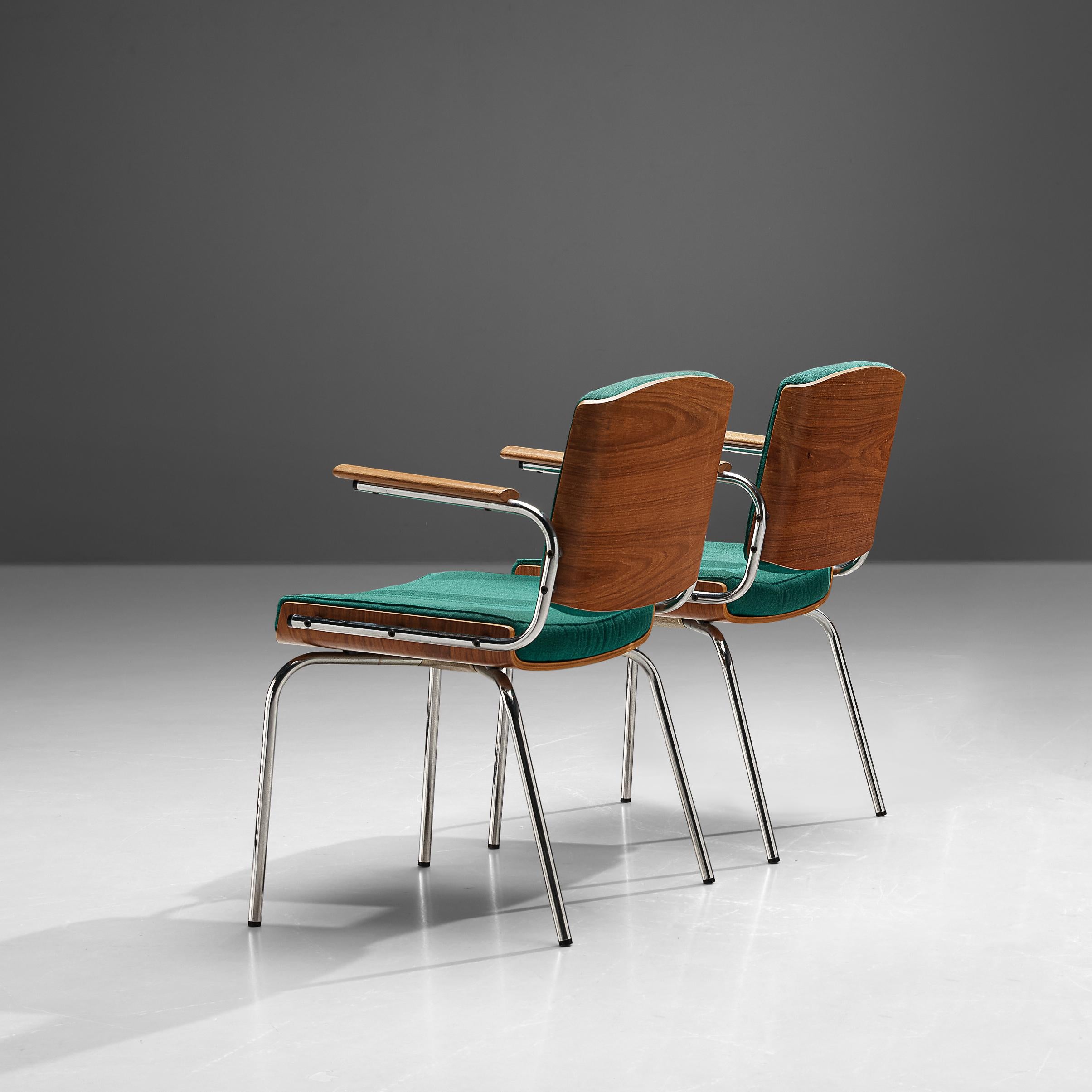 Duba, pair of dining chairs, teak plywood, fabric, chrome-plated steel, Denmark, 1970s

Pair of Danish chairs manufactured by Duba. The design features a striking combination of materials and textures. The back of the backrest and frame of the seat