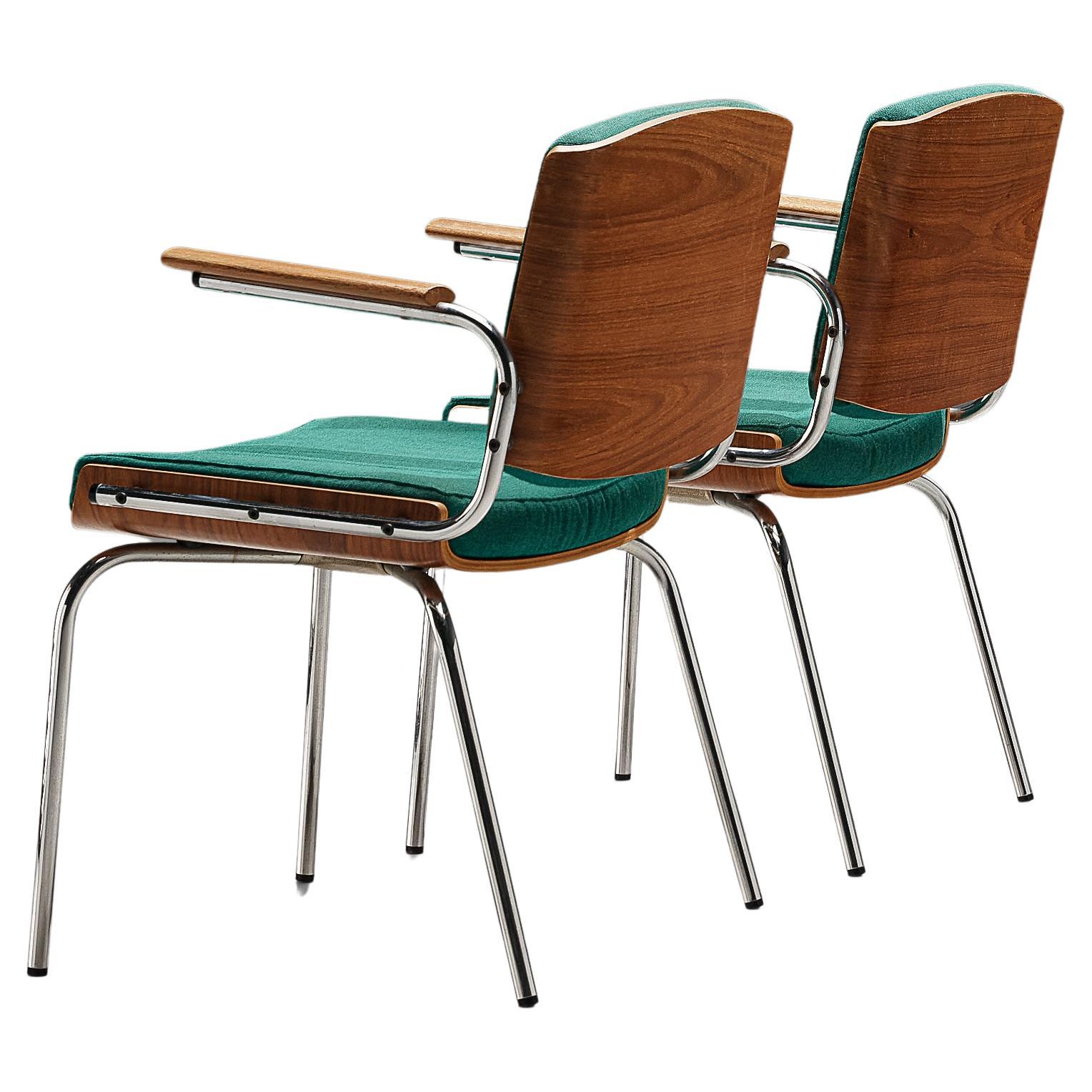 Dänisches Paar Esszimmerstühle aus Teakholz mit grüner Polsterung