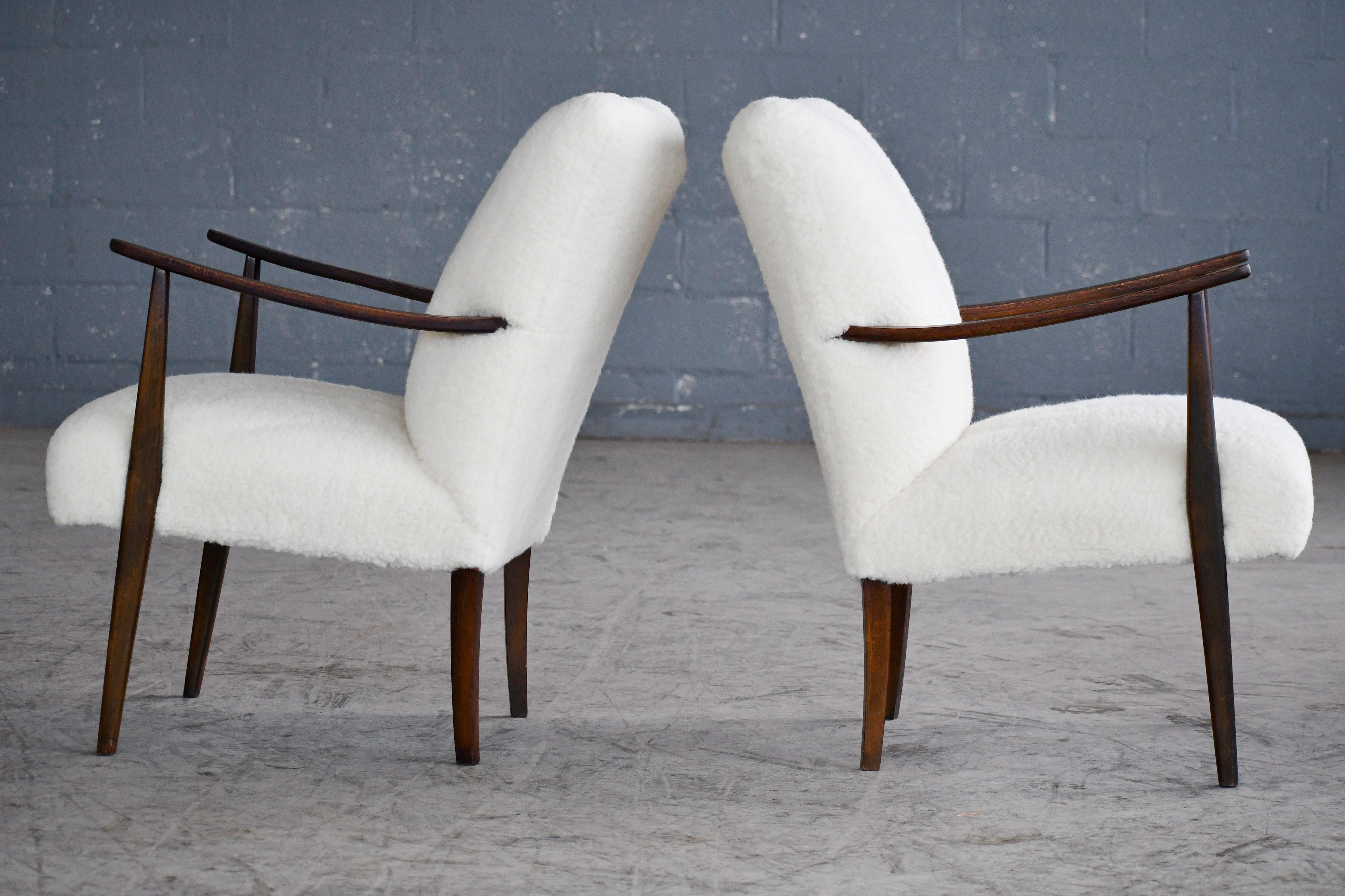 Scandinavian Modern Danish Pair of Easy Chairs circa 1950 in Stained Beech and New Lambswool