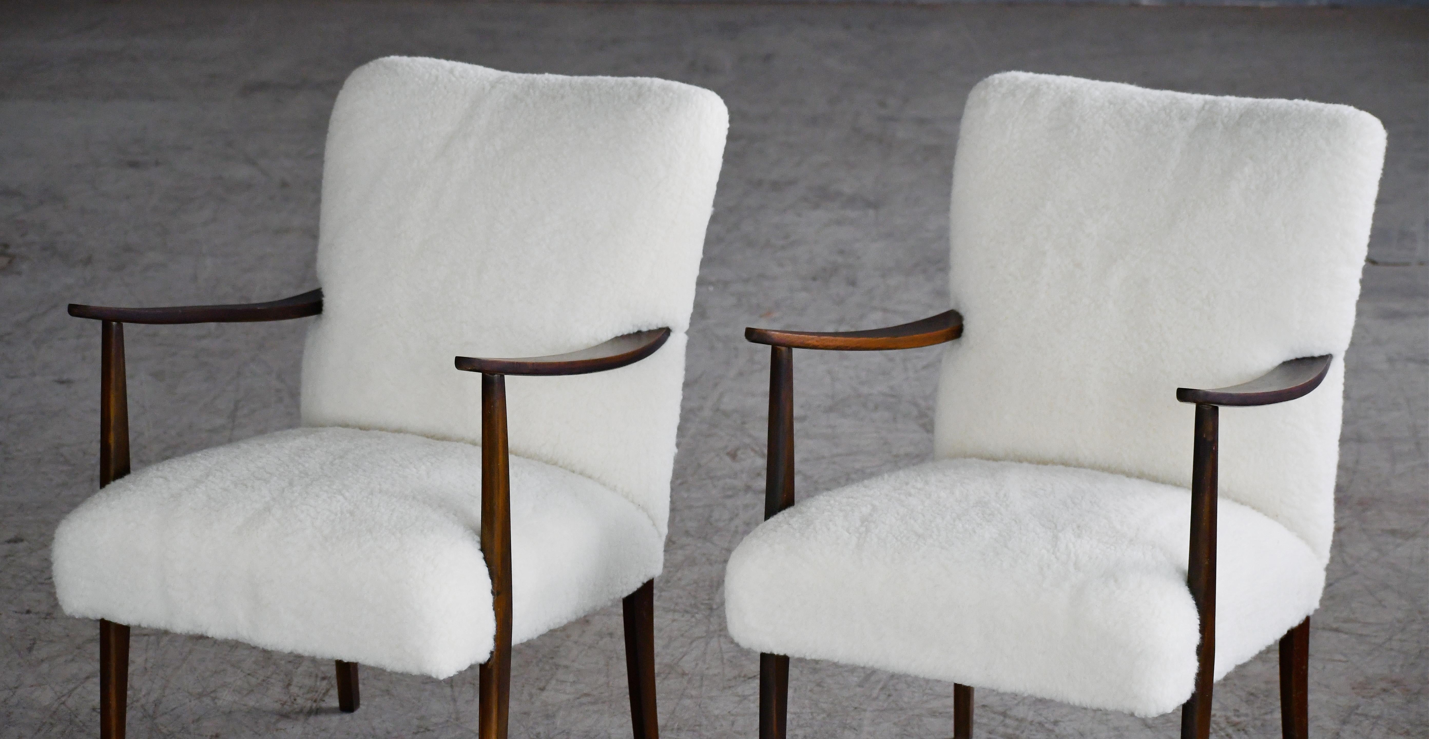 Danish Pair of Easy Chairs circa 1950 in Stained Beech and New Lambswool In Good Condition In Bridgeport, CT