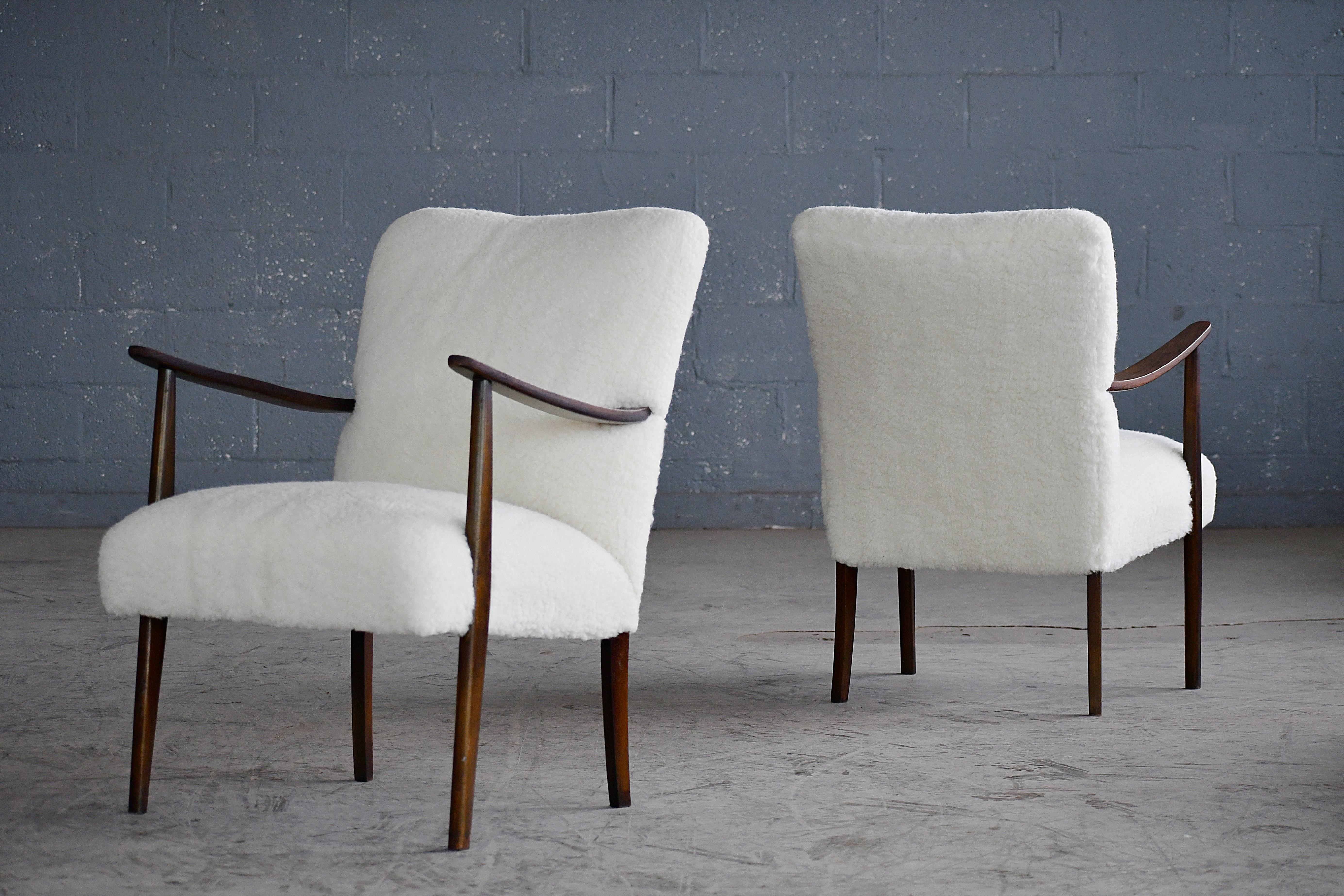 Wool Danish Pair of Easy Chairs circa 1950 in Stained Beech and New Lambswool