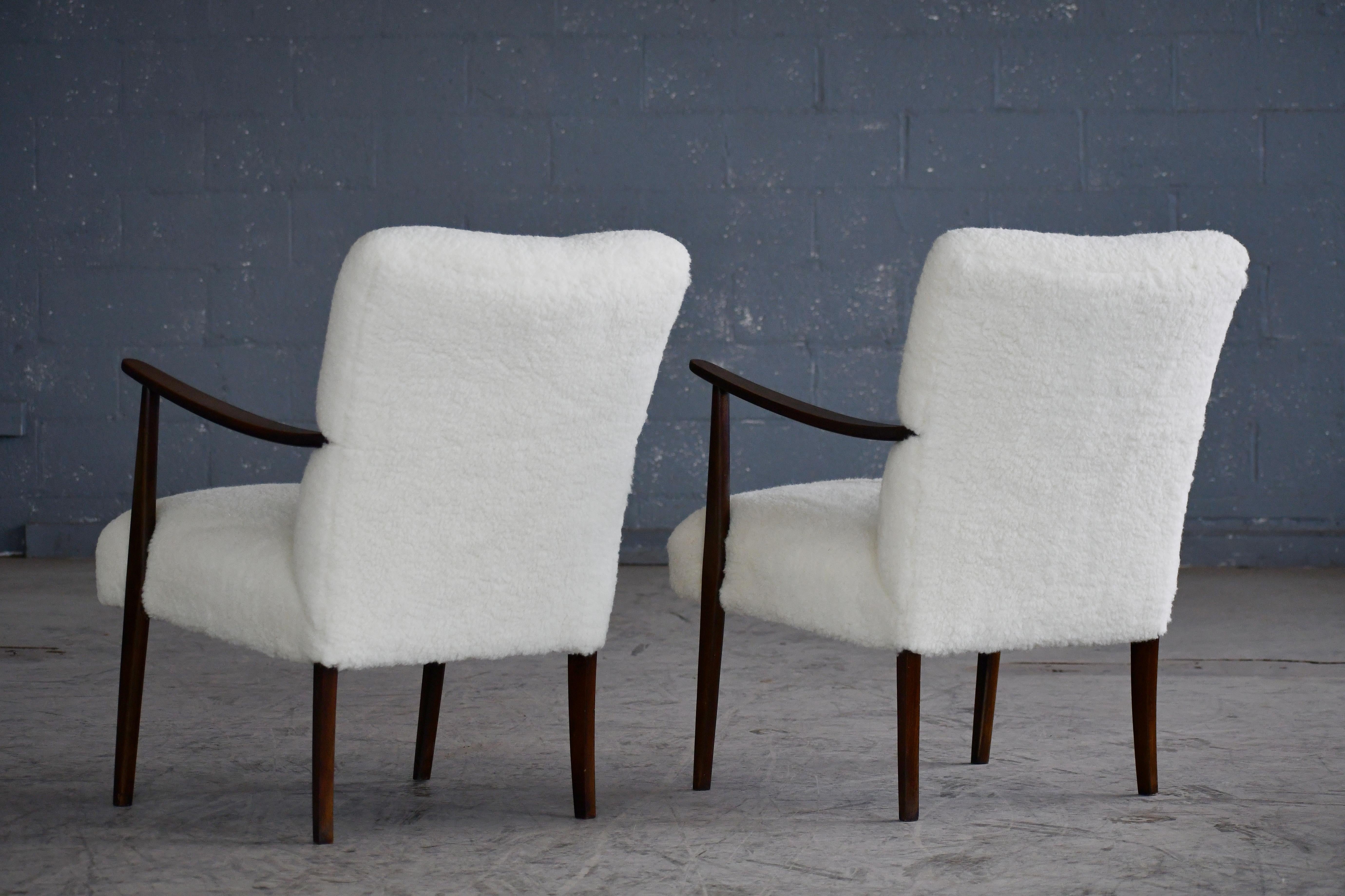 Danish Pair of Easy Chairs circa 1950 in Stained Beech and New Lambswool 1