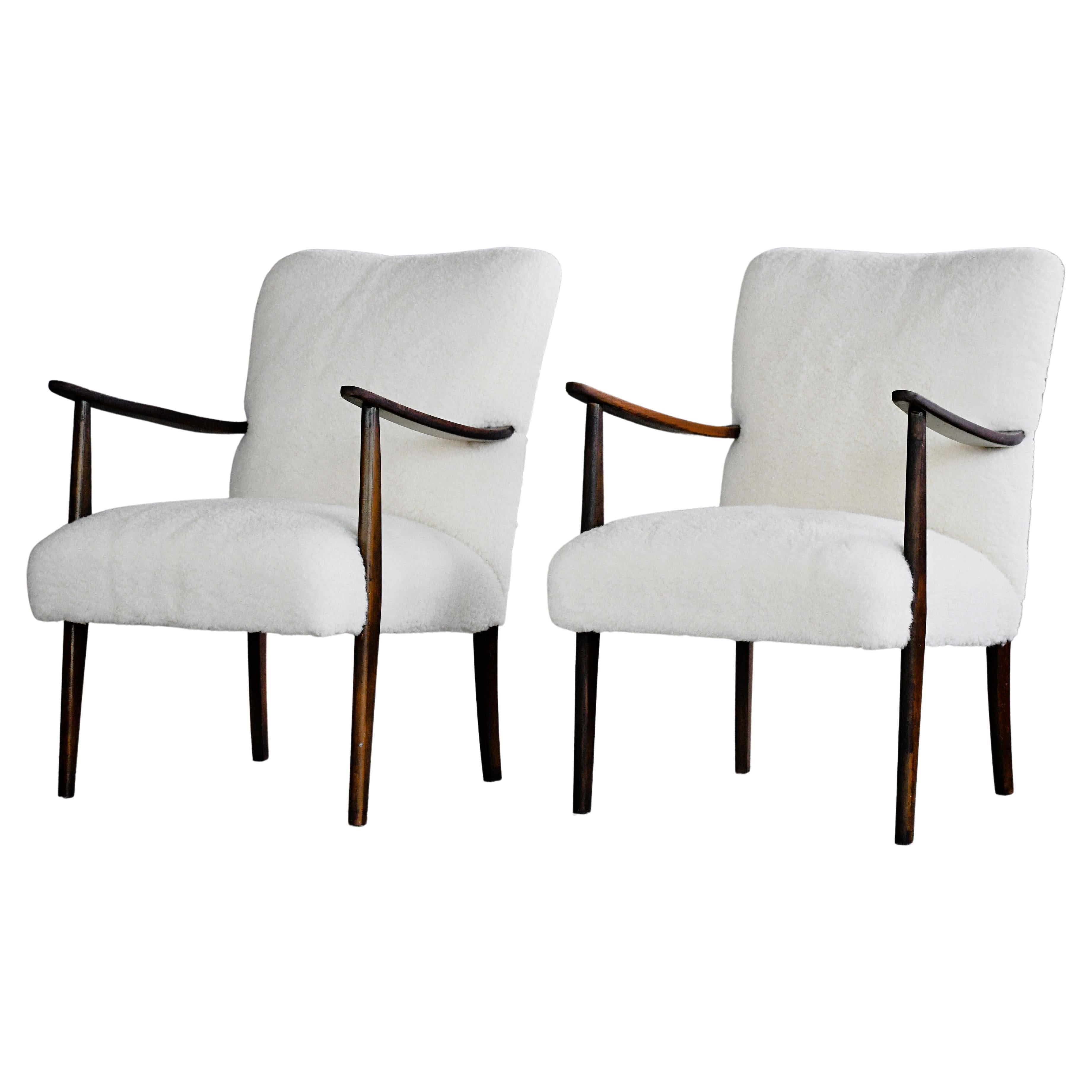 Danish Pair of Easy Chairs circa 1950 in Stained Beech and New Lambswool