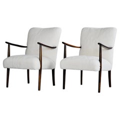 Danish Pair of Easy Chairs circa 1950 in Stained Beech and New Lambswool
