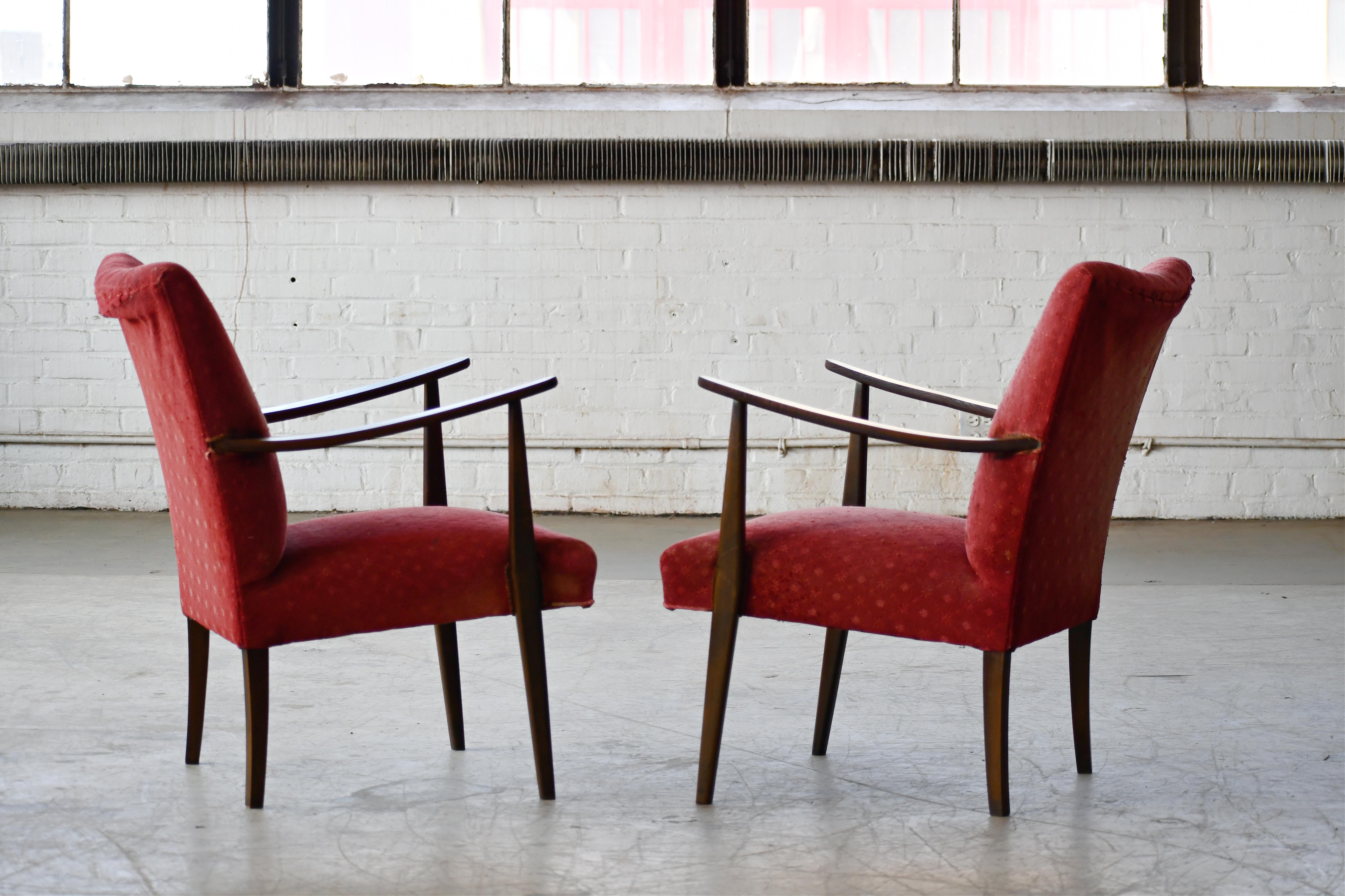 Mid-20th Century Danish Pair of Easy Chairs ca. 1950 in Stained Beech