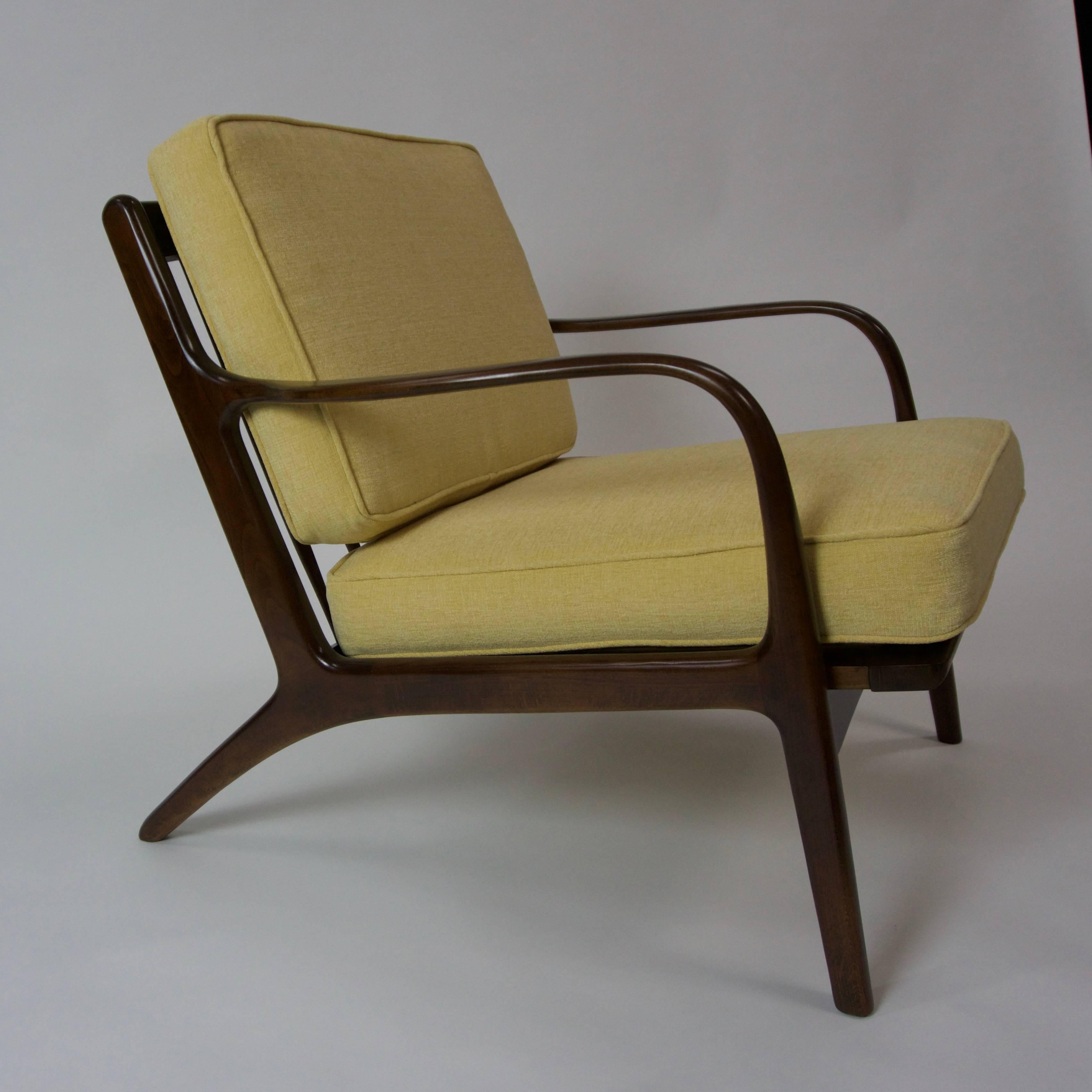 Danish chairs with dark walnut finish. New foam and fabric. Strapping is also new.