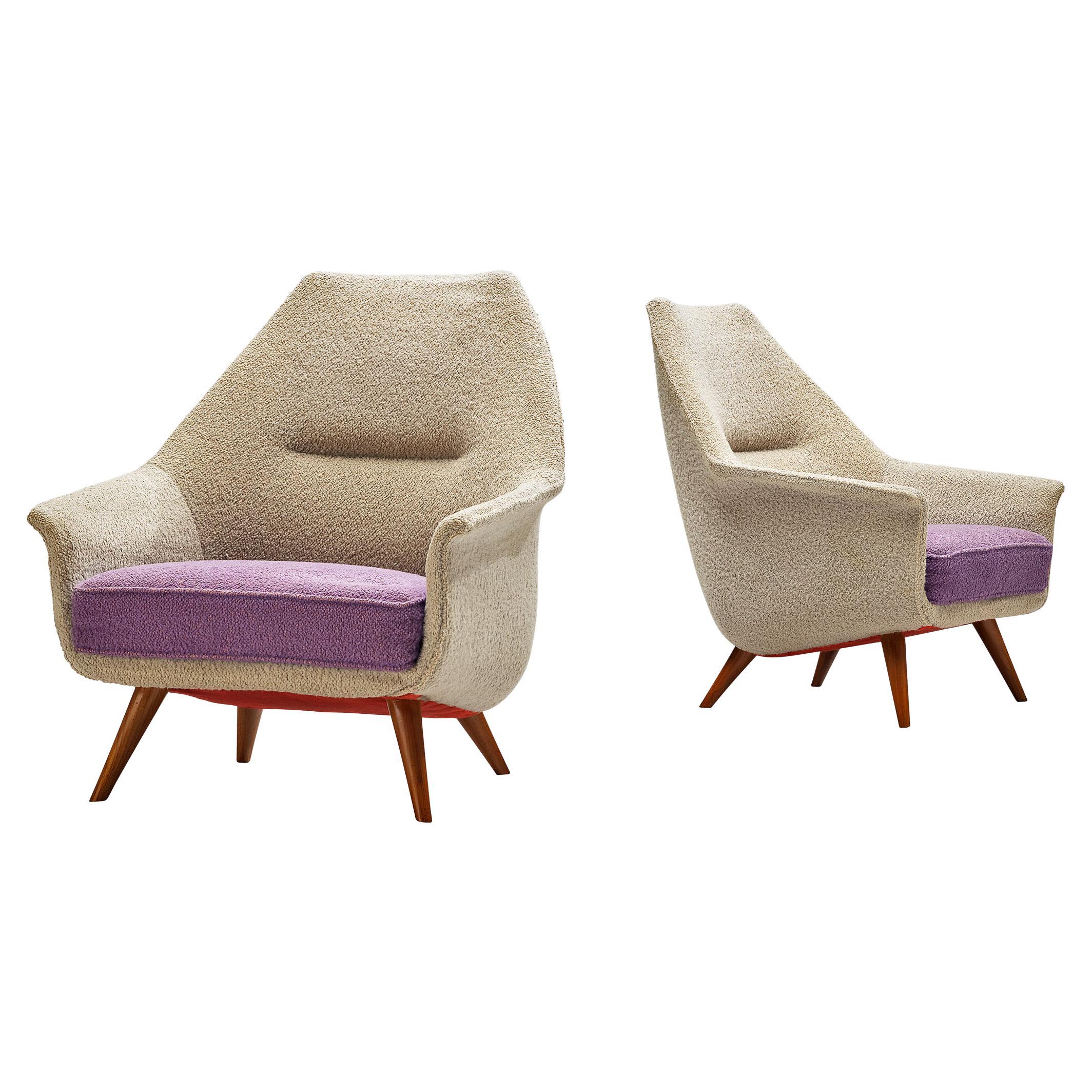 Danish Pair of Lounge Chairs in Cherry and White and Purple Upholstery