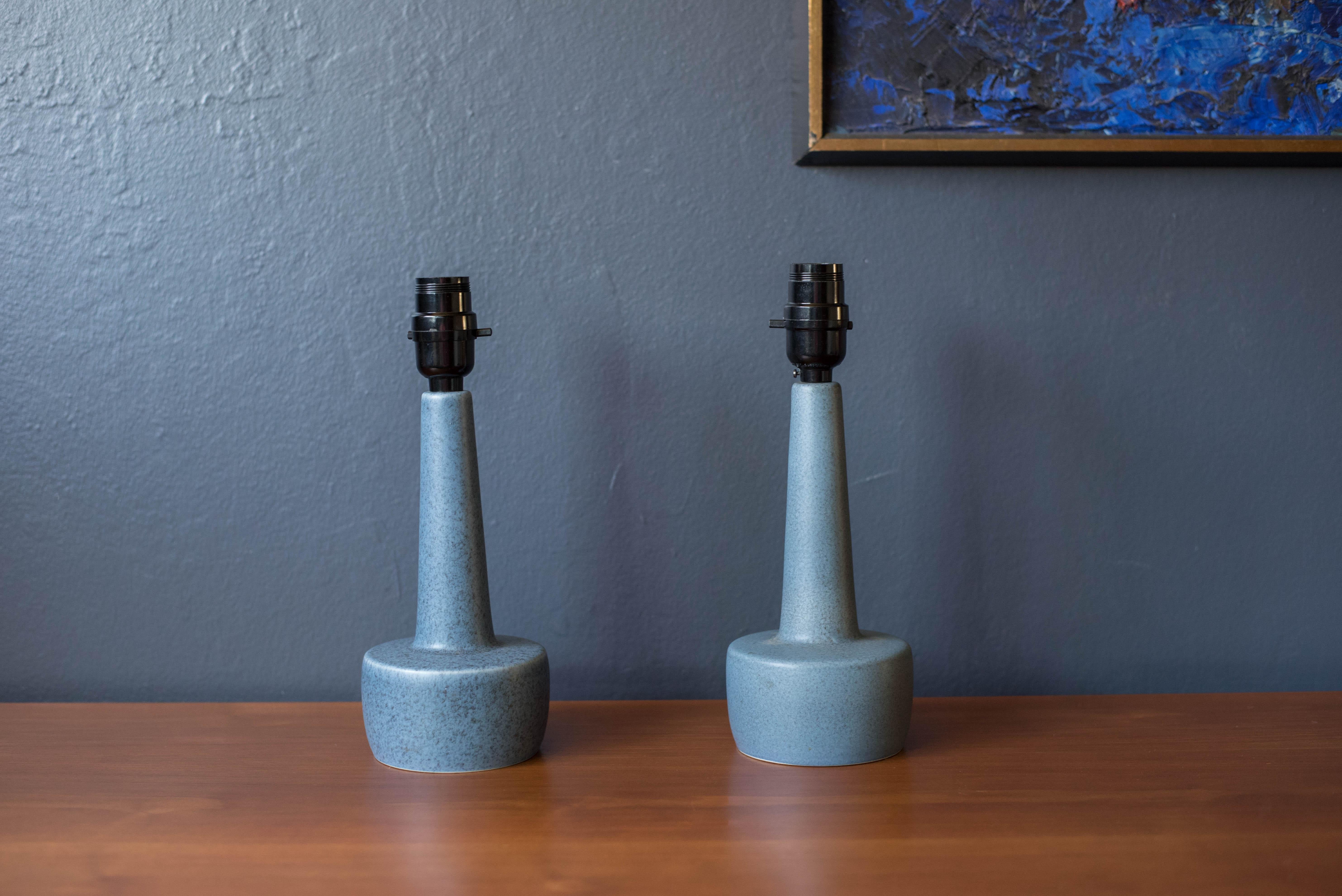 Mid-Century Modern pair of ceramic blue stoneware lamps manufactured by Soholm, Denmark. This pair features a speckled matte light blue glaze and have been rewired for the US. Marked 972 RA.



Offered by Mid Century Maddist