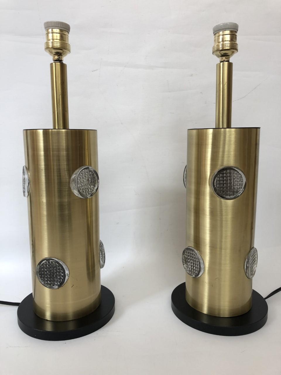Metal Danish Midcentury Pair of Brass Glass Table Lamps, 1970s For Sale