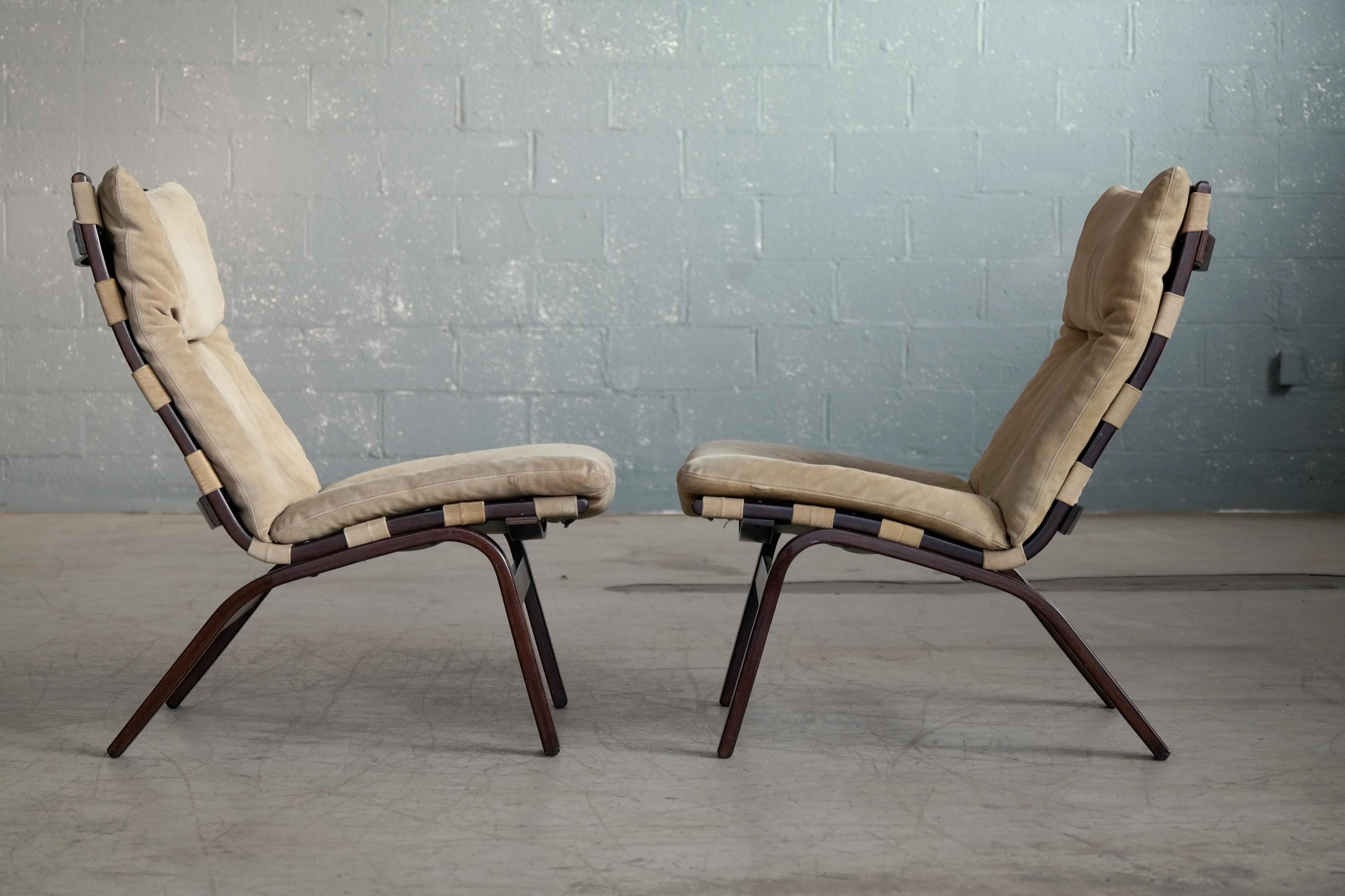 Danish Pair of Relling Style Easy Chairs in Beige Suede by Farstrup 2