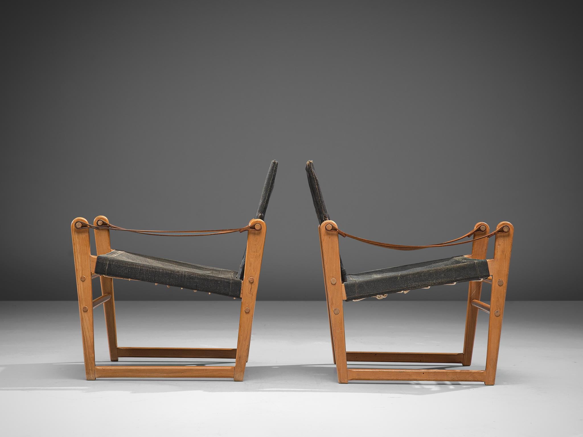 Scandinavian Modern Danish Pair of Safari Chairs with Black Canvas
