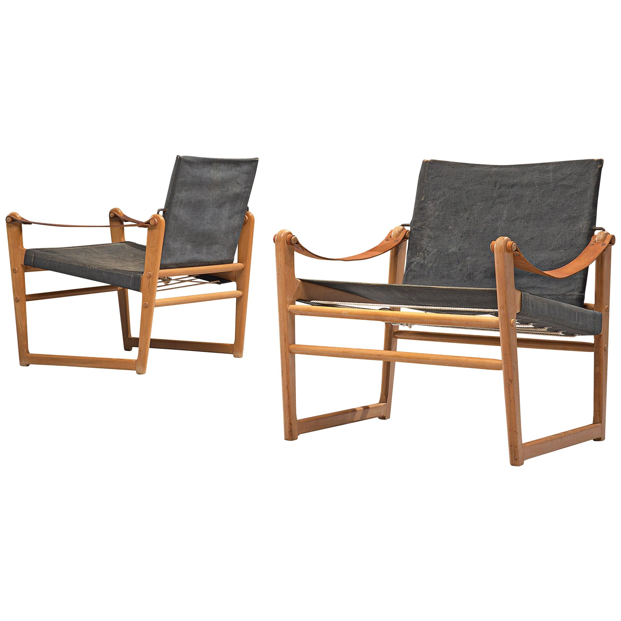 Danish Pair of Safari Chairs with Black Canvas