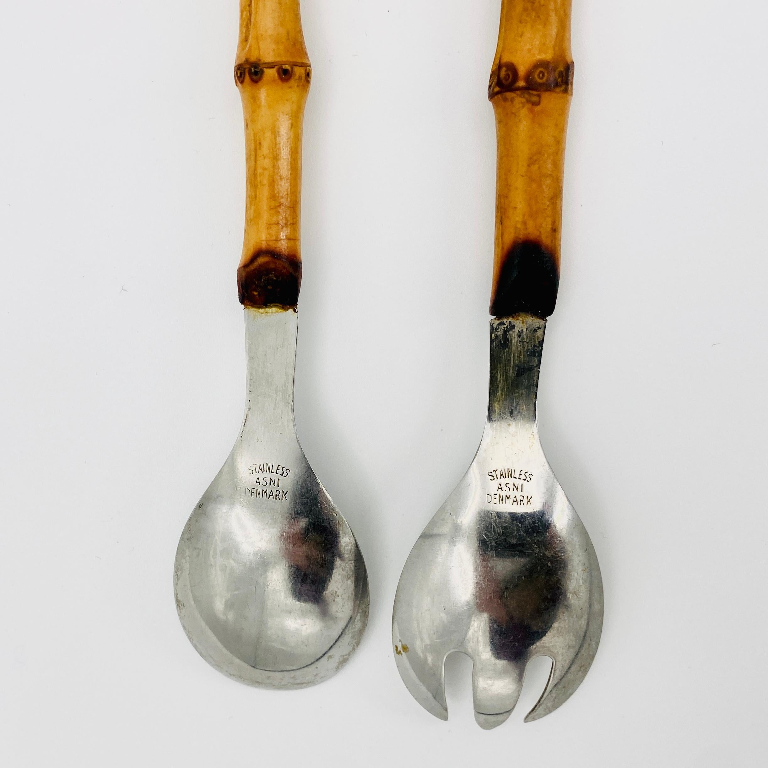Danish Pair of Stainless Steel Salad Servers with Bamboo Handles For Sale 4