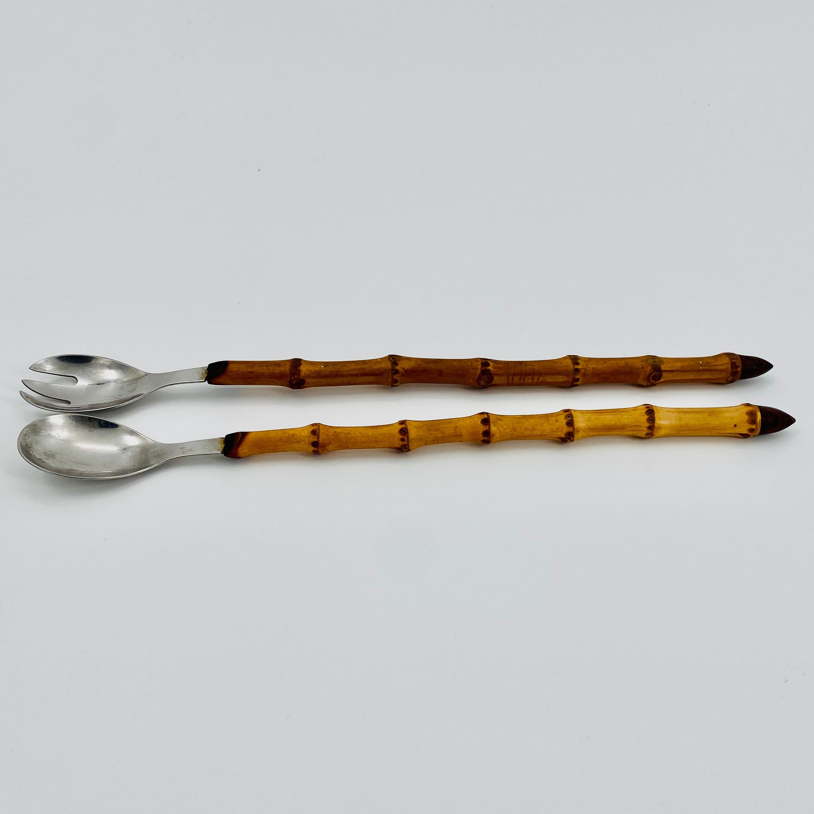 20th Century Danish Pair of Stainless Steel Salad Servers with Bamboo Handles For Sale