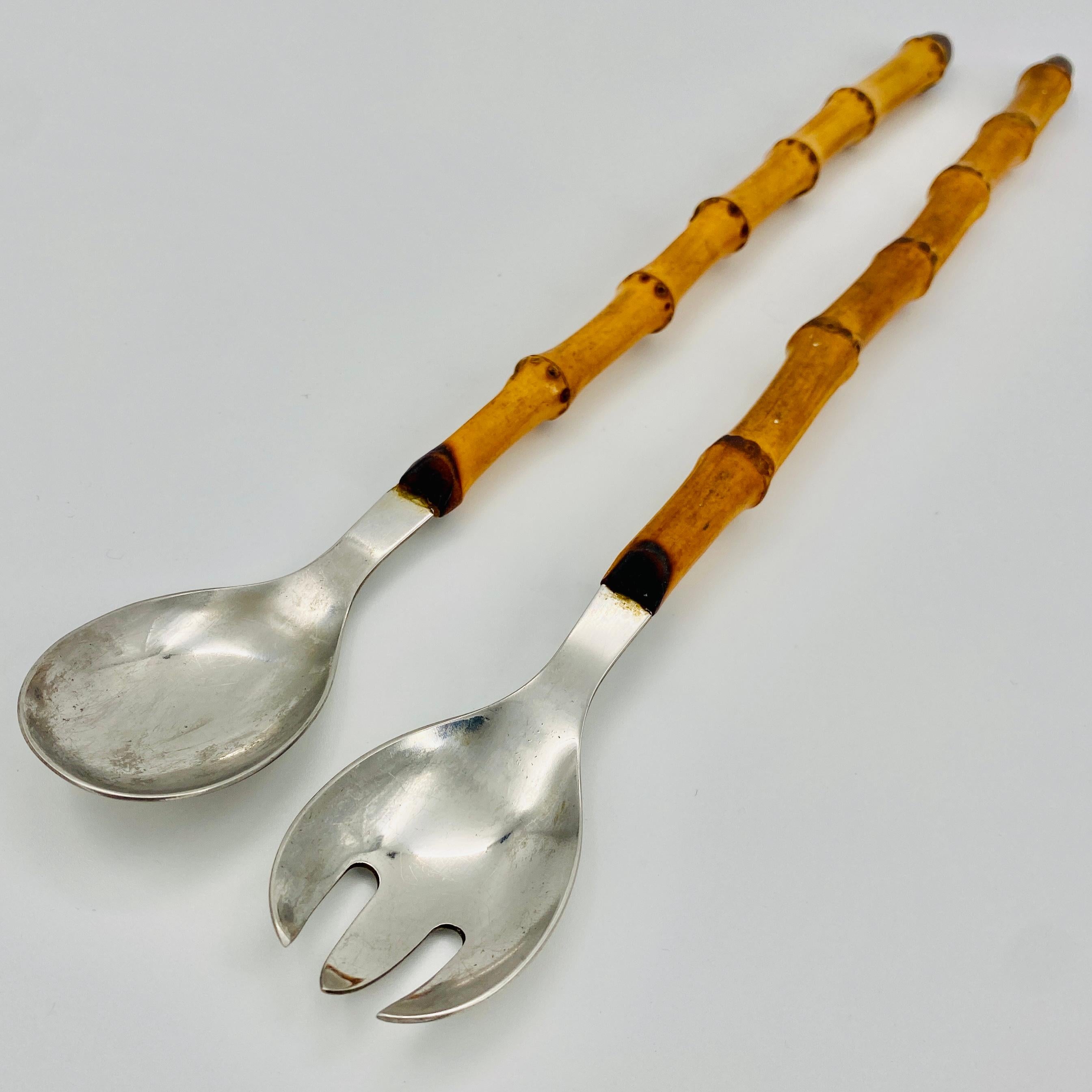 Danish Pair of Stainless Steel Salad Servers with Bamboo Handles For Sale 2