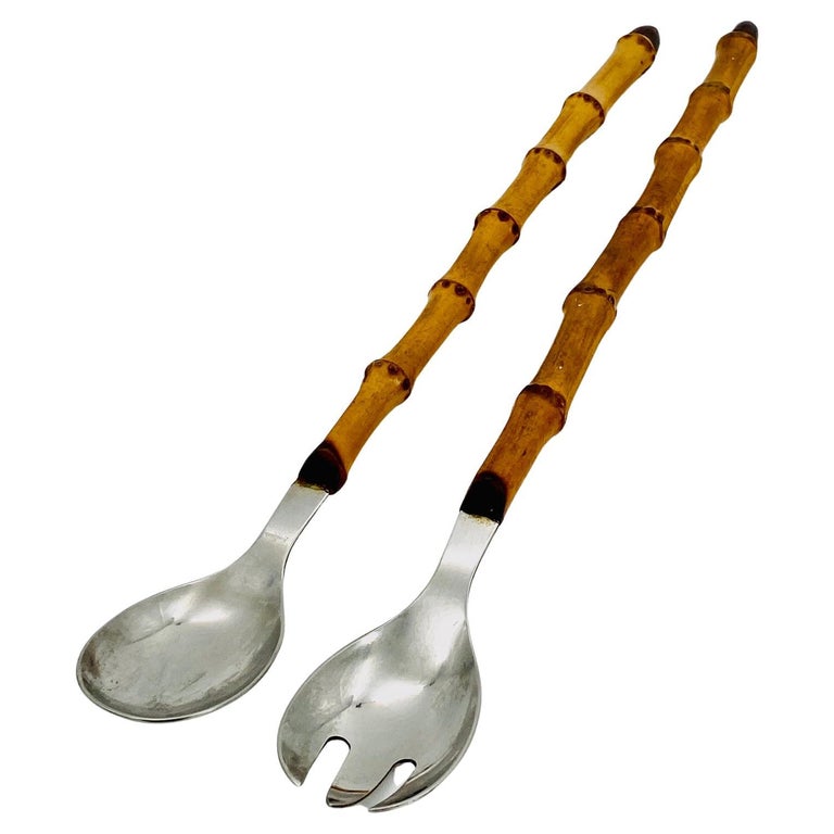 Danish Pair Of Stainless Steel Salad Servers With Bamboo Handles For