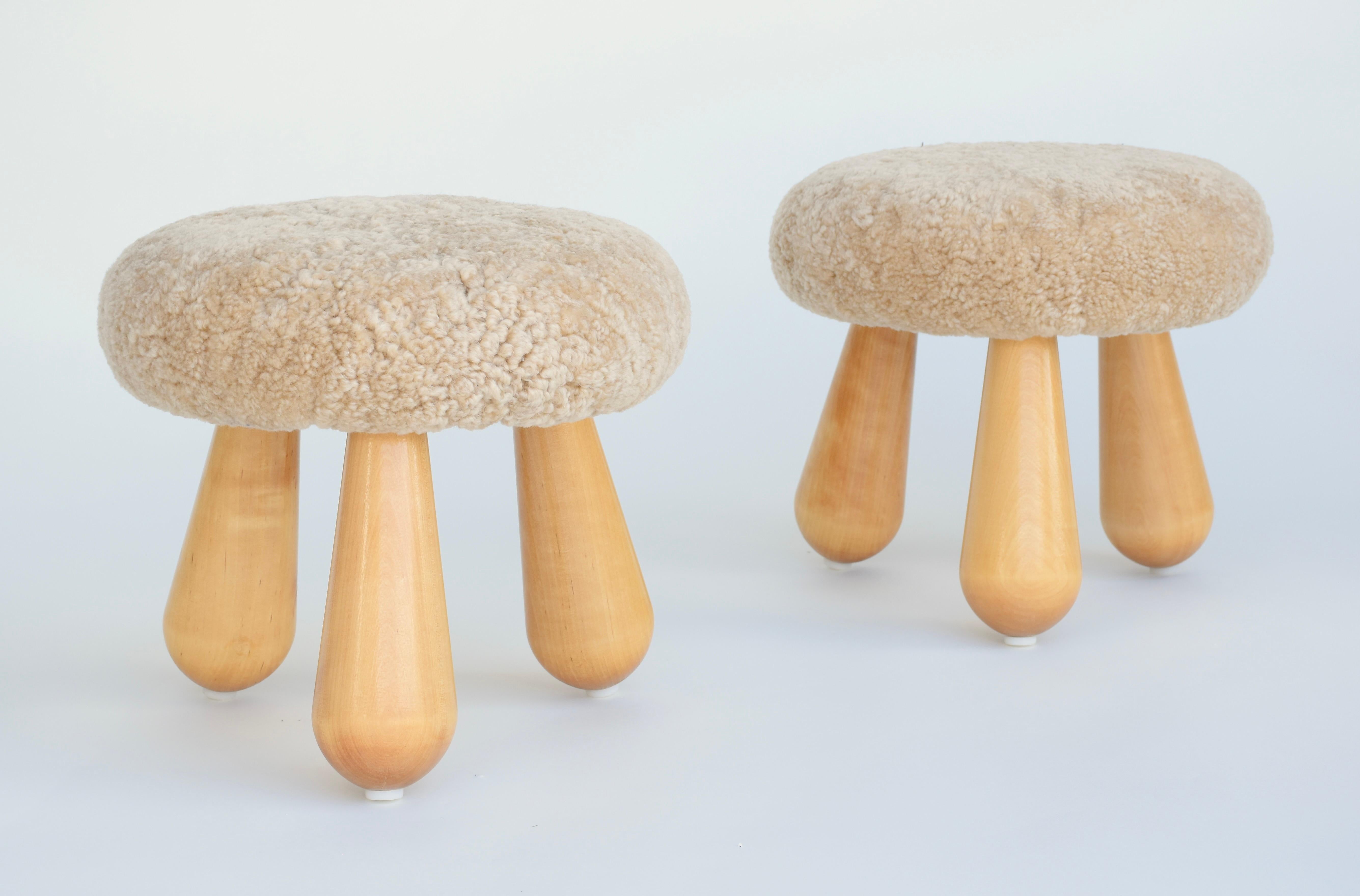 Mid-Century Modern Danish Pair of Stools Birch Club Legs. Seat Upholstered Lambs Wool For Sale