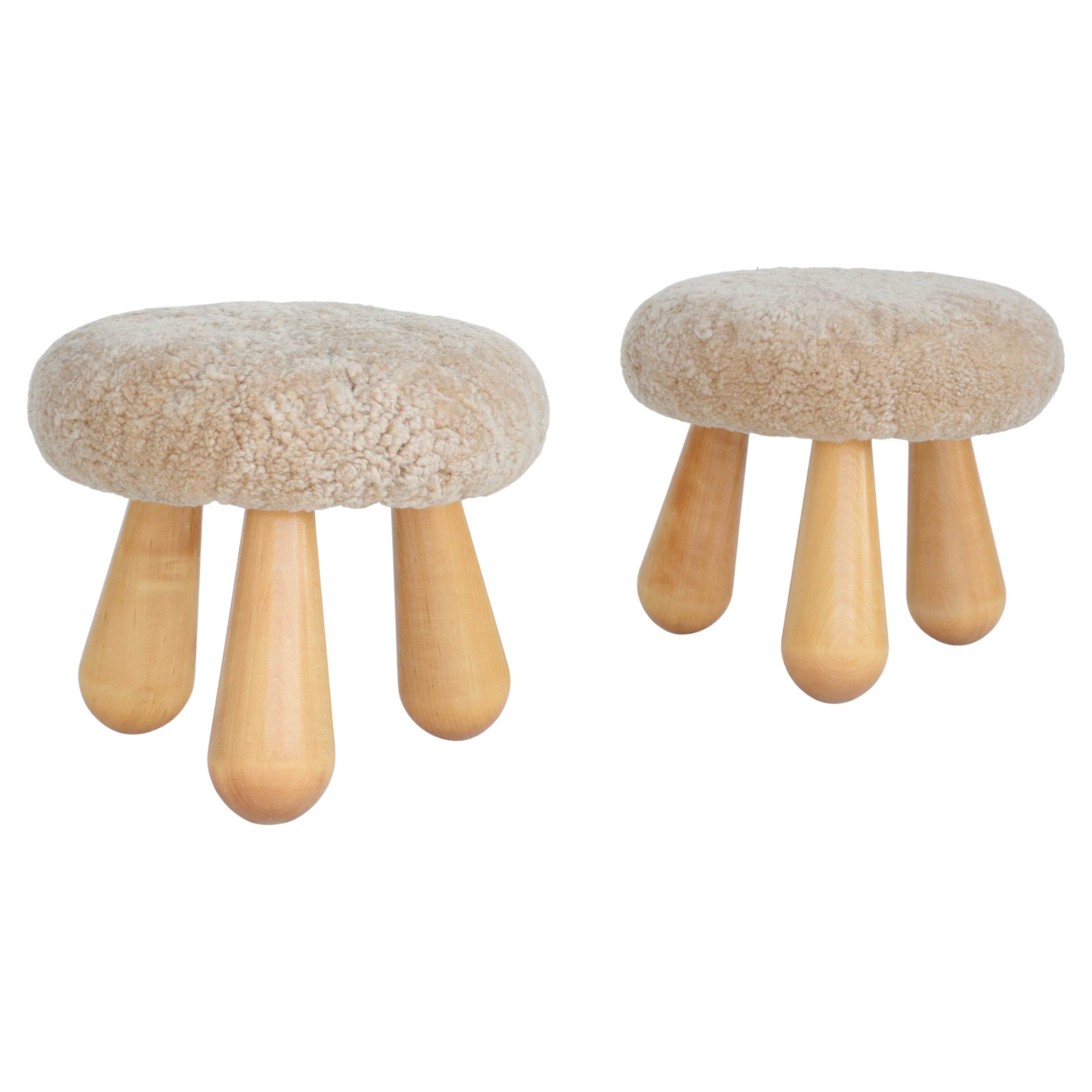 Danish Pair of Stools Birch Club Legs. Seat Upholstered Lambs Wool For Sale