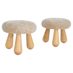 Danish Pair of Stools Birch Club Legs. Seat Upholstered Lambs Wool