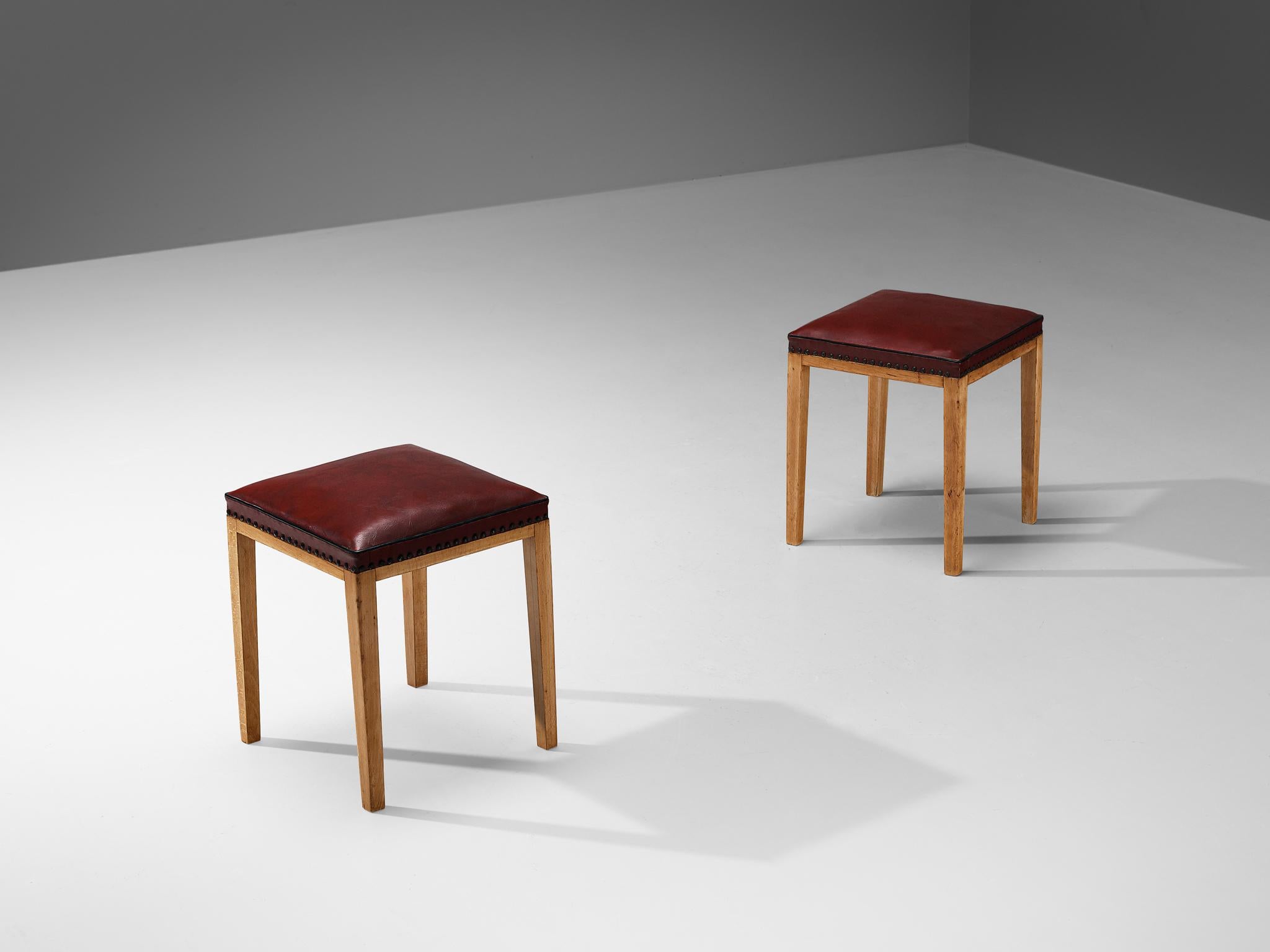 Scandinavian Modern Danish Pair of Stools in Red Upholstery and Wood  For Sale