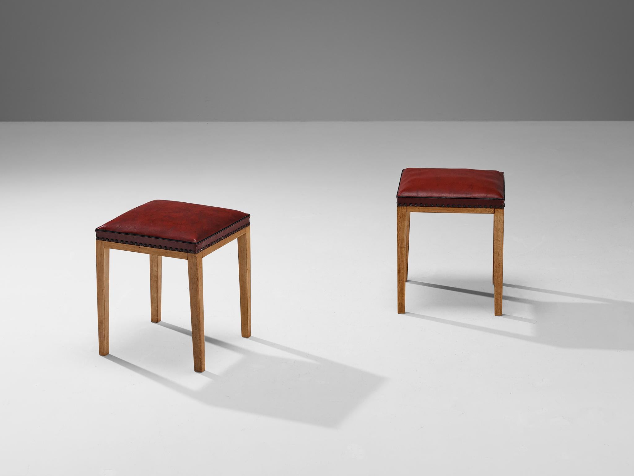 Brass Danish Pair of Stools in Red Upholstery and Wood  For Sale