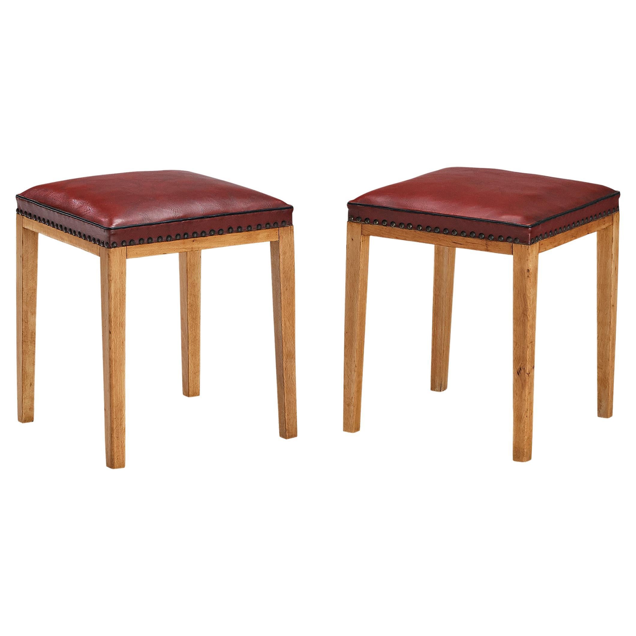 Danish Pair of Stools in Red Upholstery and Wood  For Sale