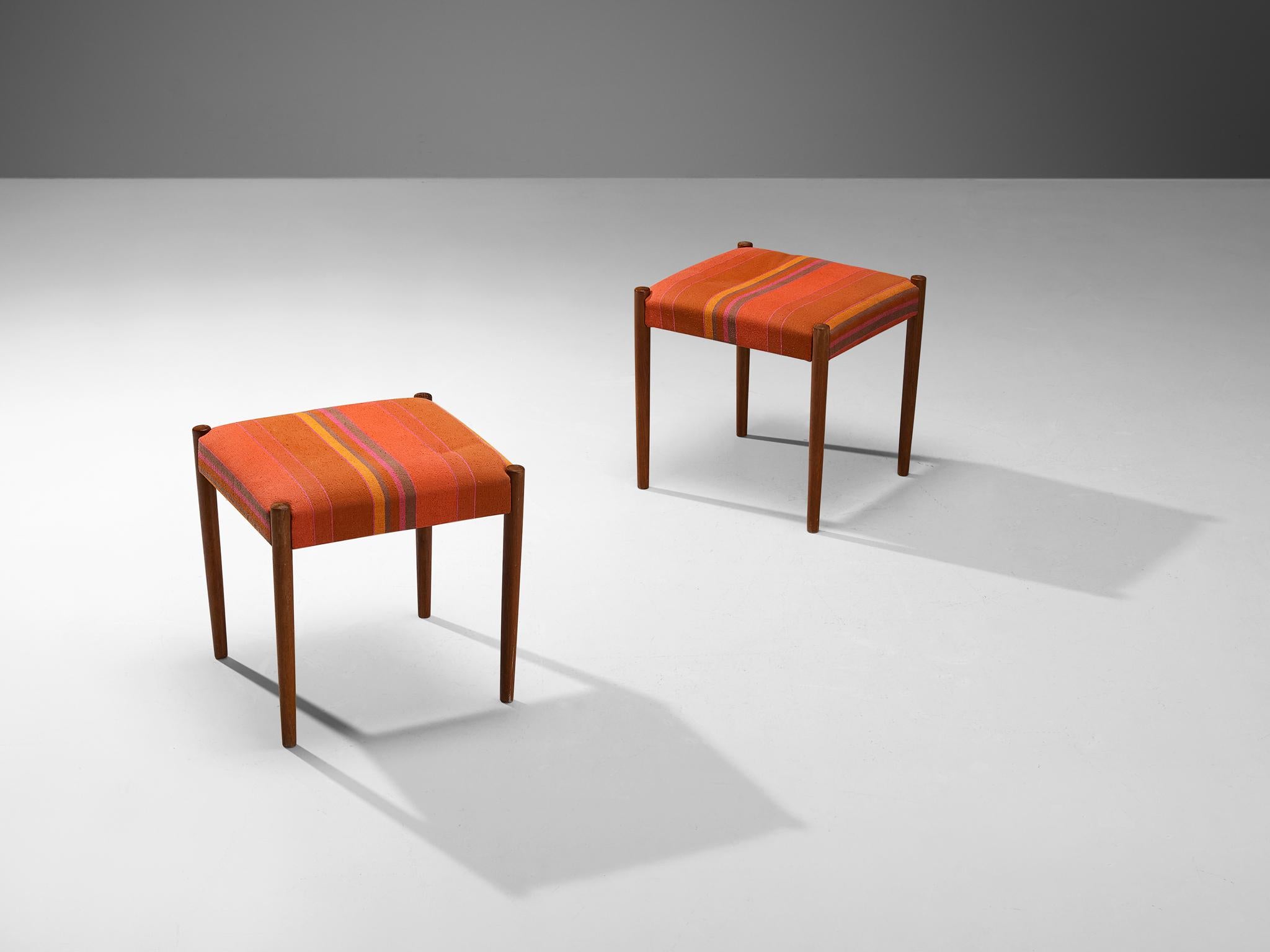 Scandinavian Modern Danish Pair of Stools in Teak and Orange Upholstery  For Sale