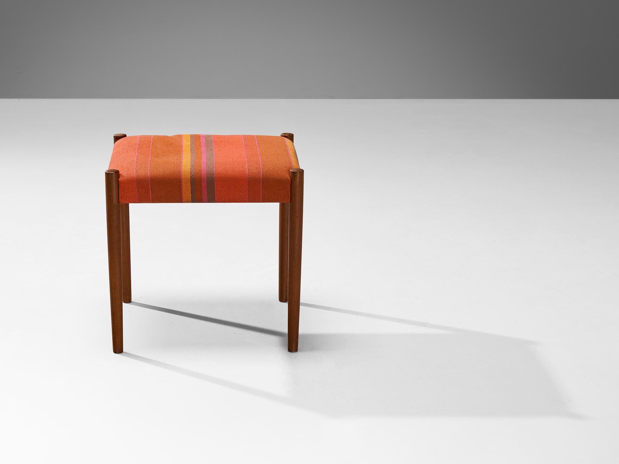Fabric Danish Pair of Stools in Teak and Orange Upholstery  For Sale
