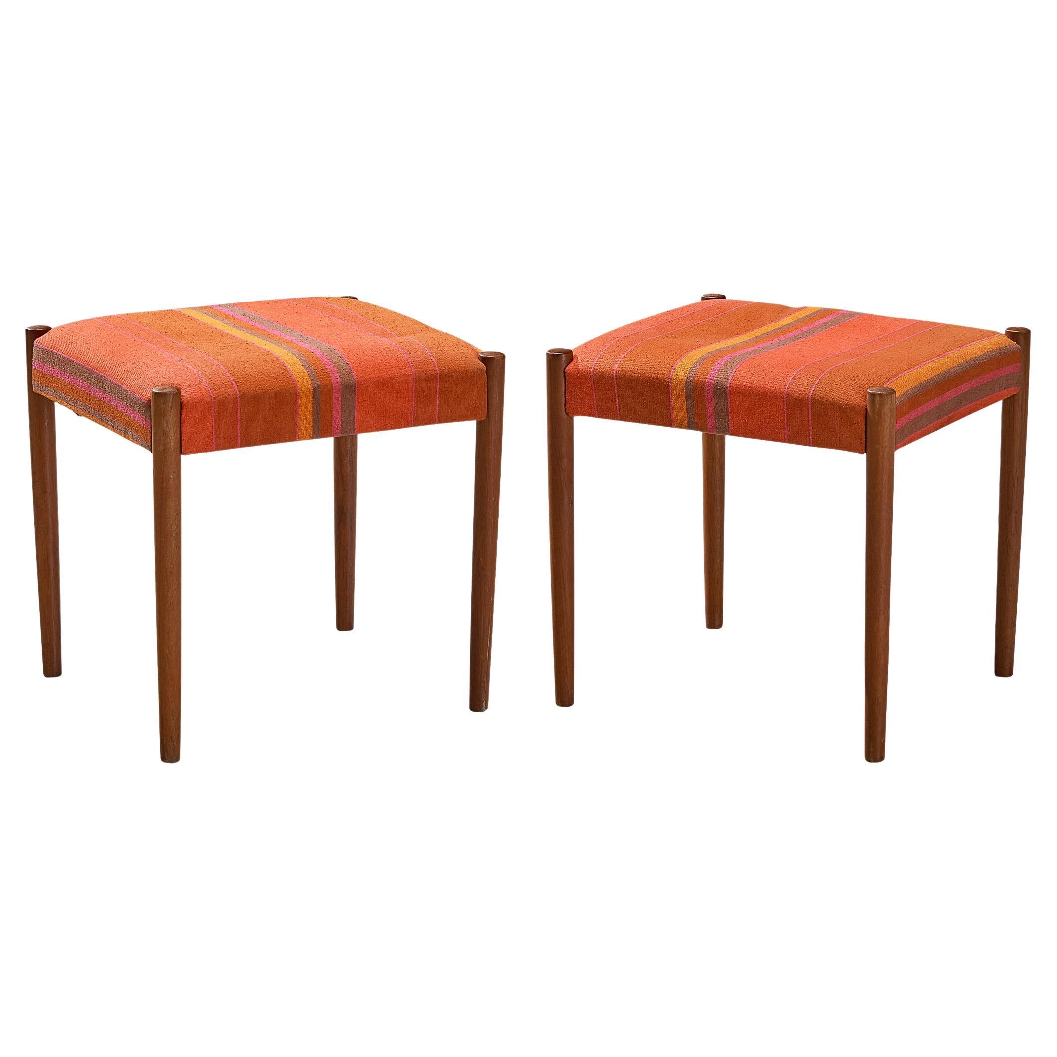 Danish Pair of Stools in Teak and Orange Upholstery  For Sale