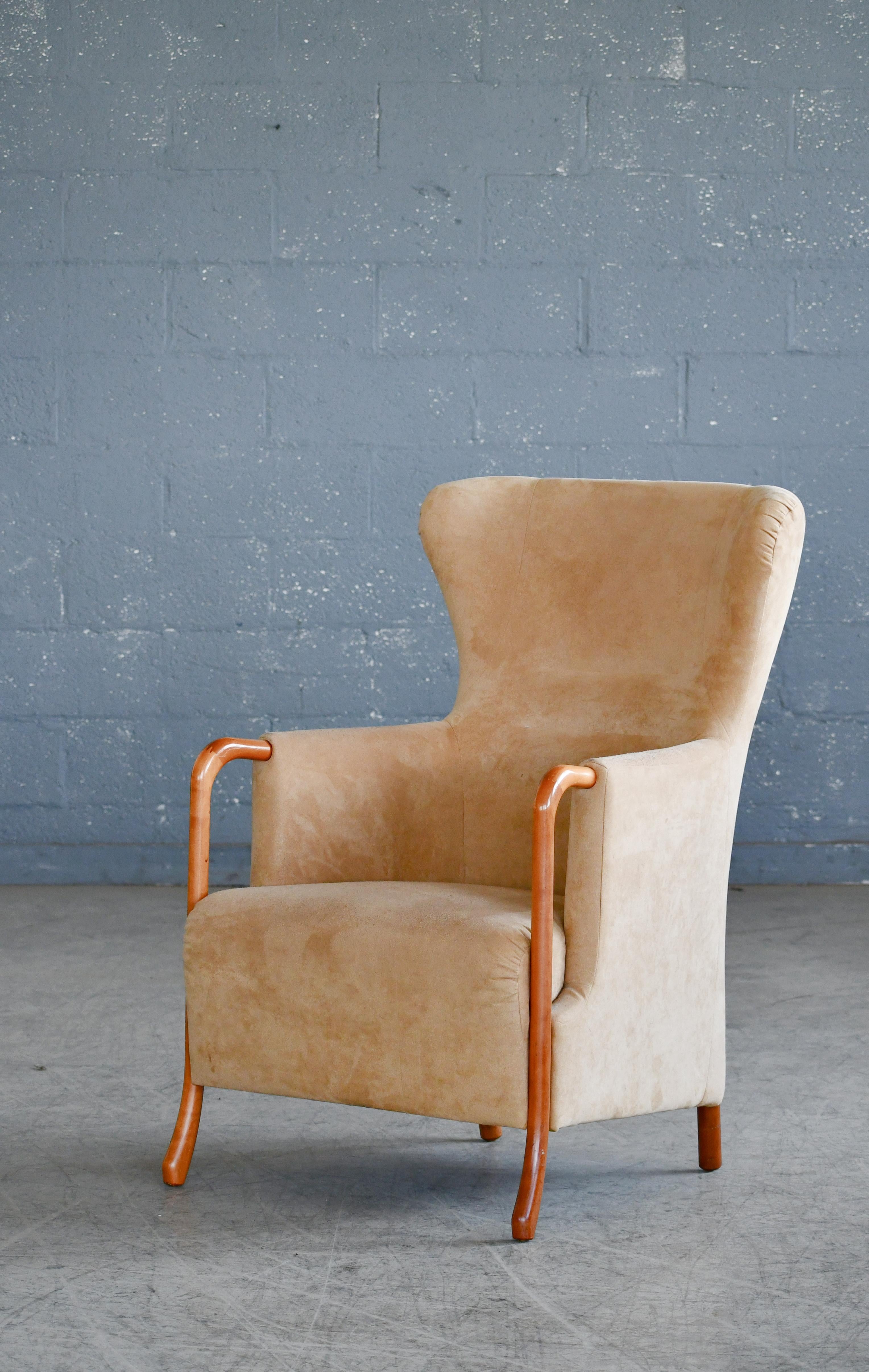 Danish Pair of Wingchairs w/ Ottoman Model Claudia in Suede and Oak by Stouby 4