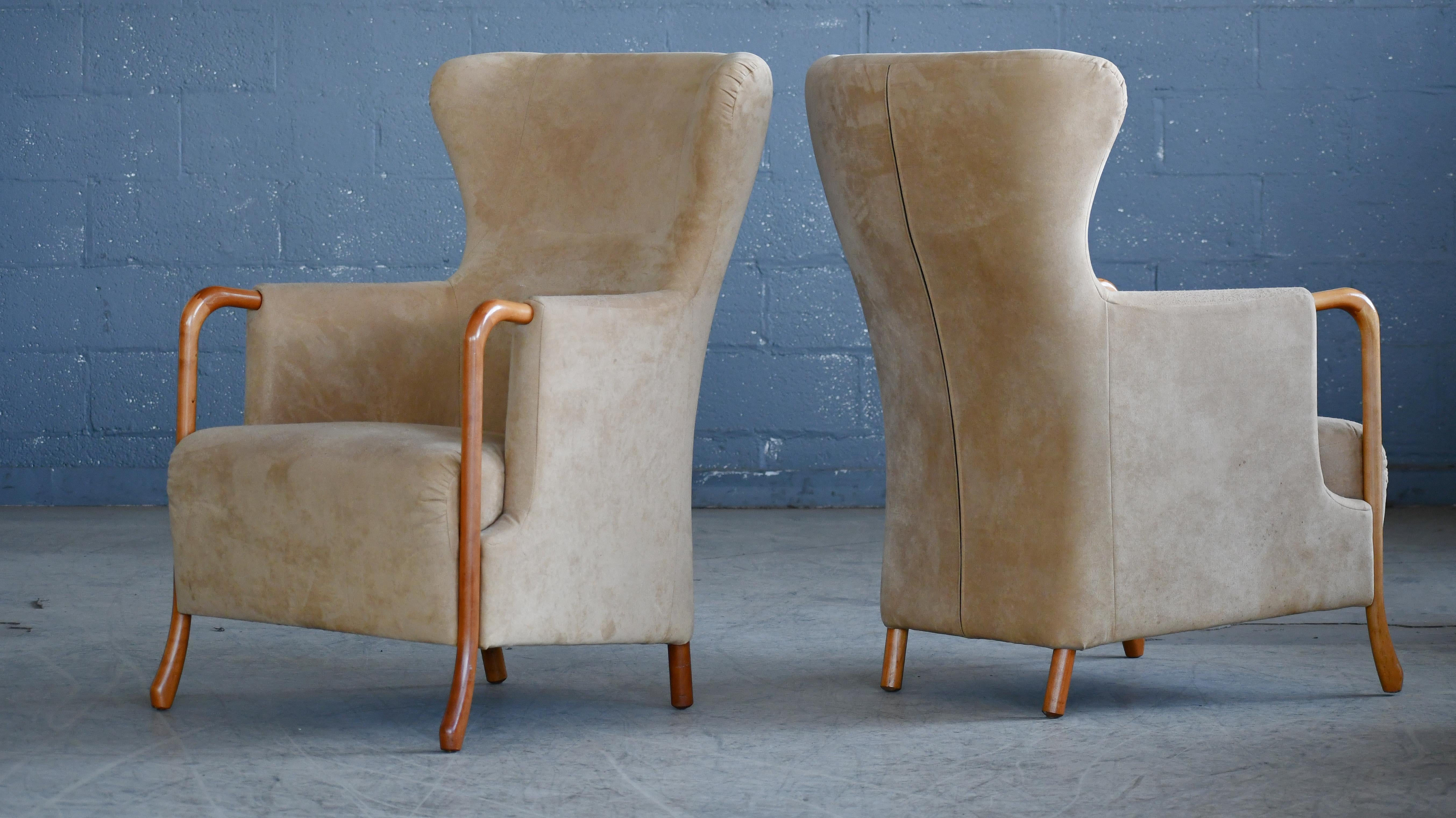Danish Pair of Wingchairs w/ Ottoman Model Claudia in Suede and Oak by Stouby In Good Condition In Bridgeport, CT
