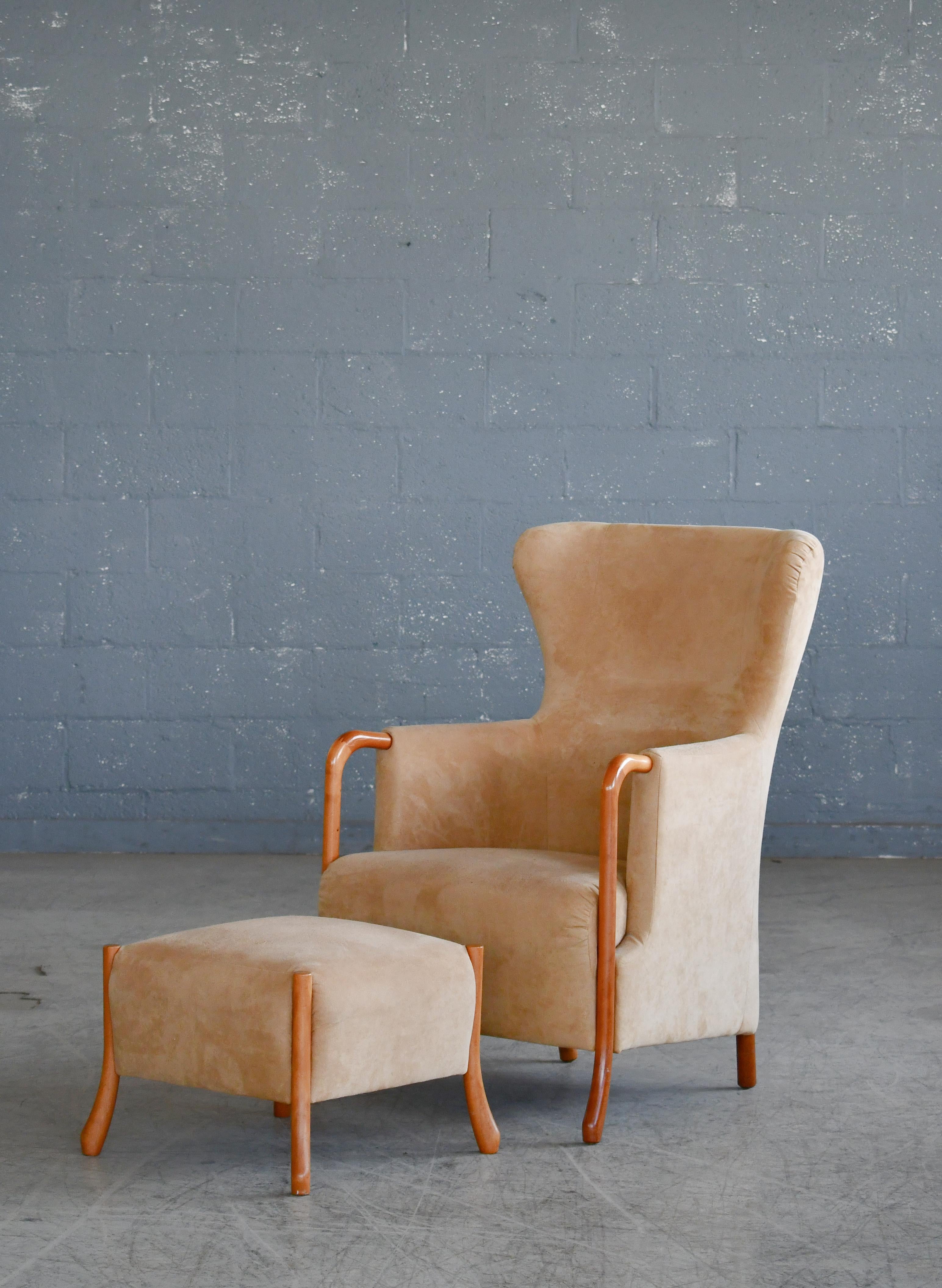 Danish Pair of Wingchairs w/ Ottoman Model Claudia in Suede and Oak by Stouby 3