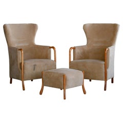 Danish Pair of Wingchairs w/ Ottoman Model Claudia in Suede and Oak by Stouby
