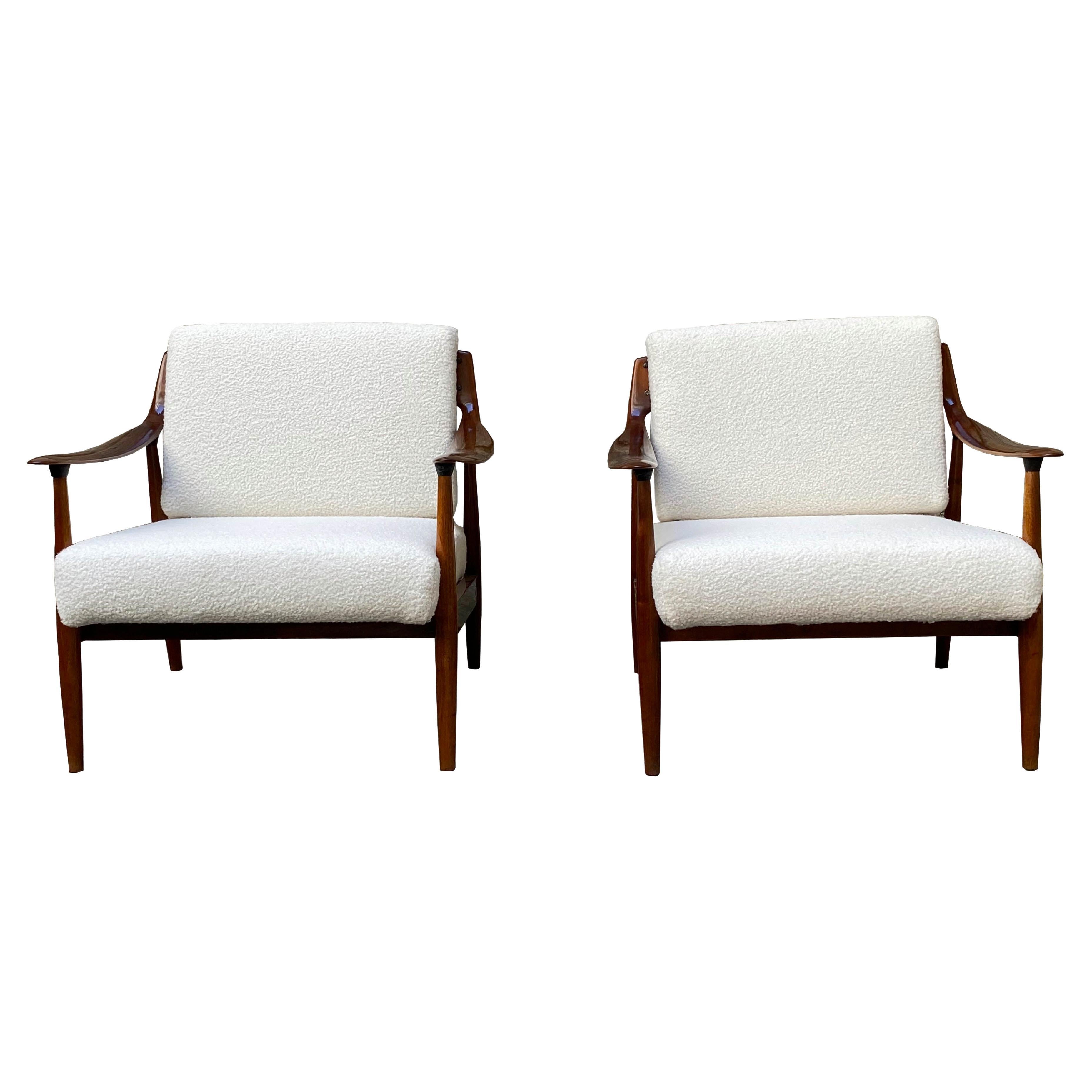 Danish Pair of Wood and White Boucle' Armchairs, 1970s
