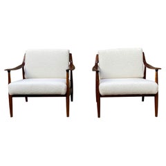 Danish Pair of Wood and White Boucle
 Armchairs, 1970s