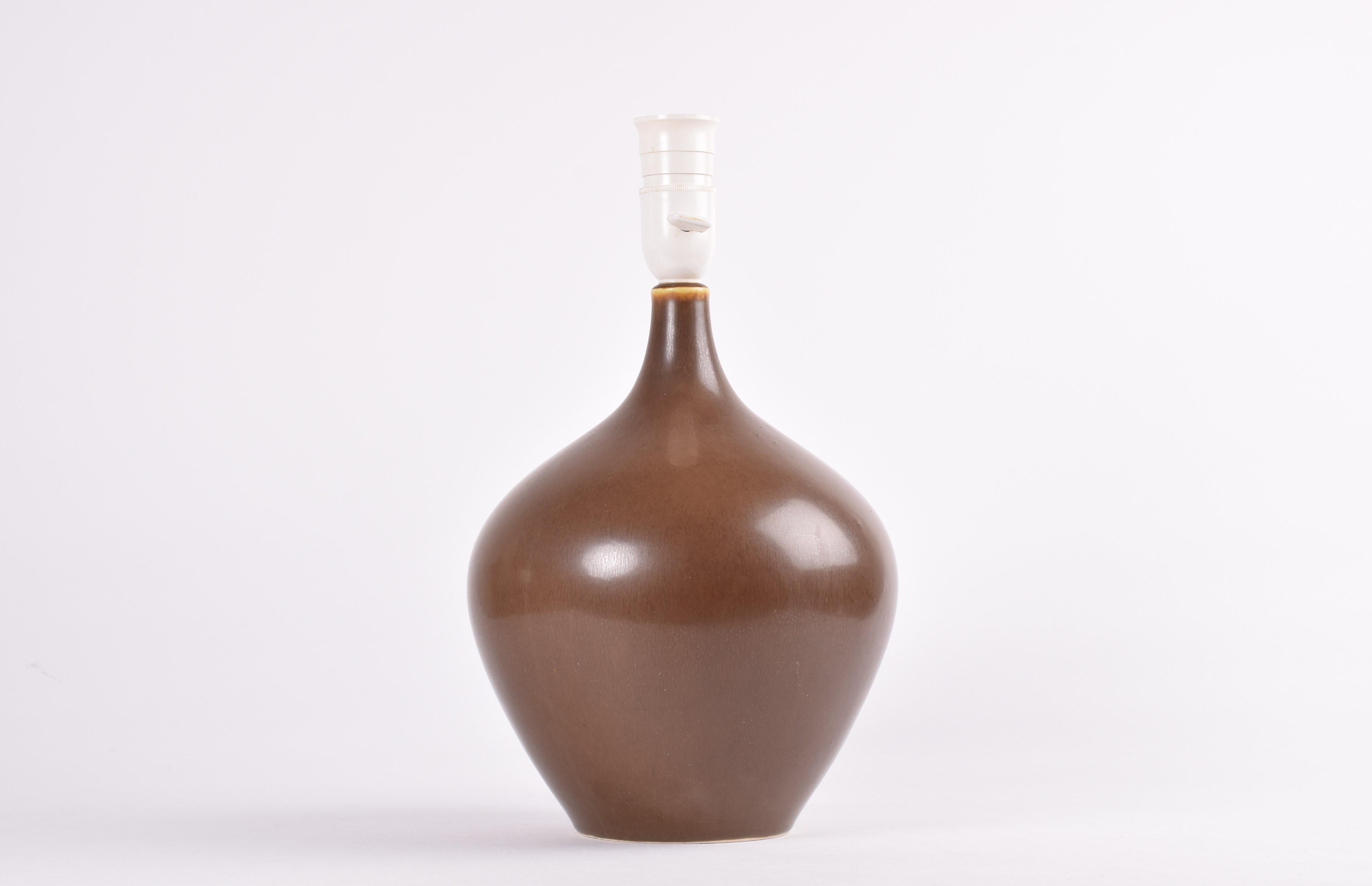 Glazed Danish Palshus Tall Table Lamp Brown Haresfur Glaze with Shade, Modern 1950s For Sale