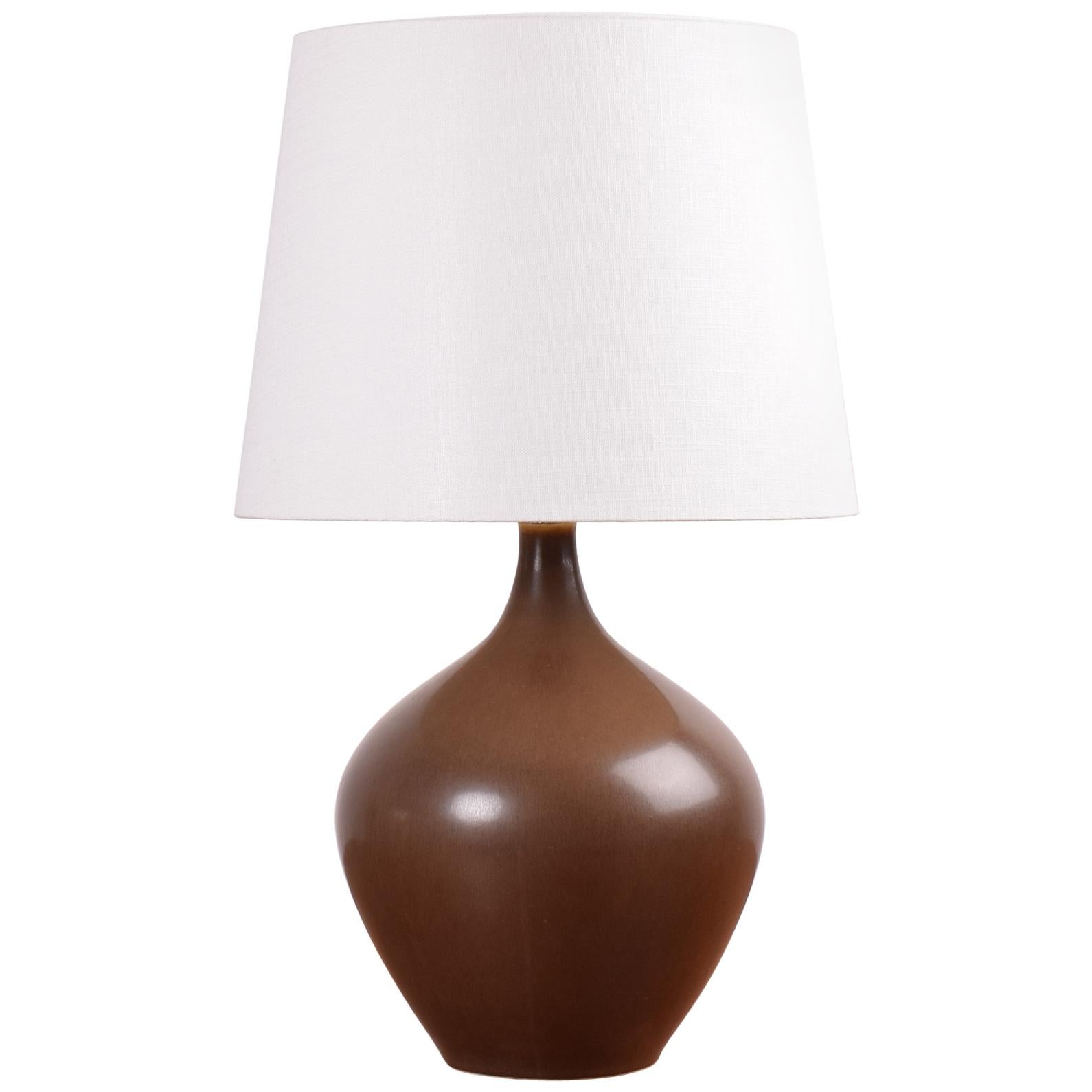 Danish Palshus Tall Table Lamp Brown Haresfur Glaze with Shade, Modern 1950s For Sale