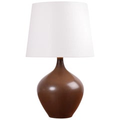 Vintage Danish Palshus Budded Table Lamp Brown Haresfur Glaze with Lampshade, 1950s