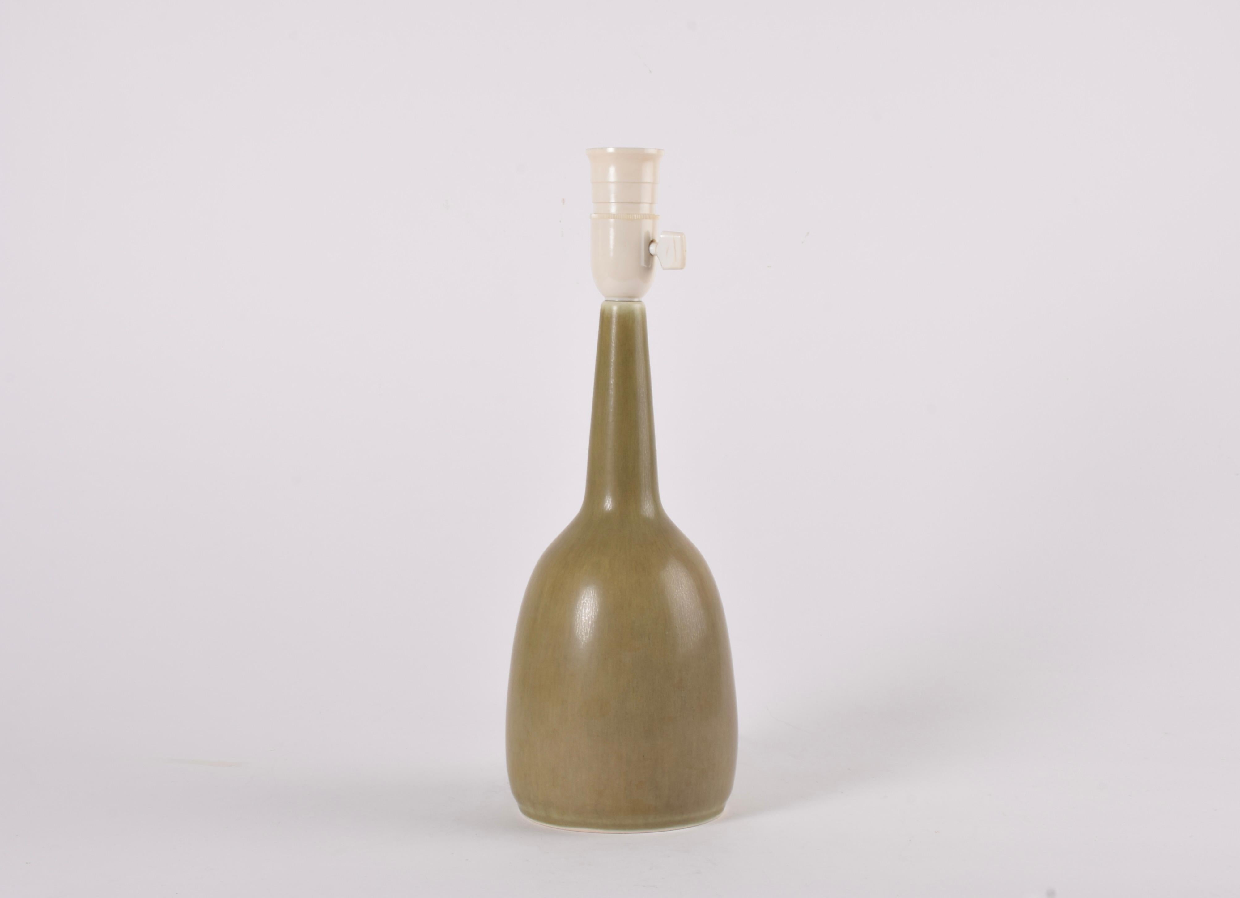 Mid-Century Modern Danish Palshus Table Lamp Olive Green Haresfur Glaze, Midcentury Modern 1950s For Sale