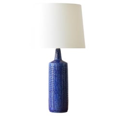 Danish Palshus Tall Cobalt Blue Table Lamp with Lampshade, Modern Ceramic 1960s