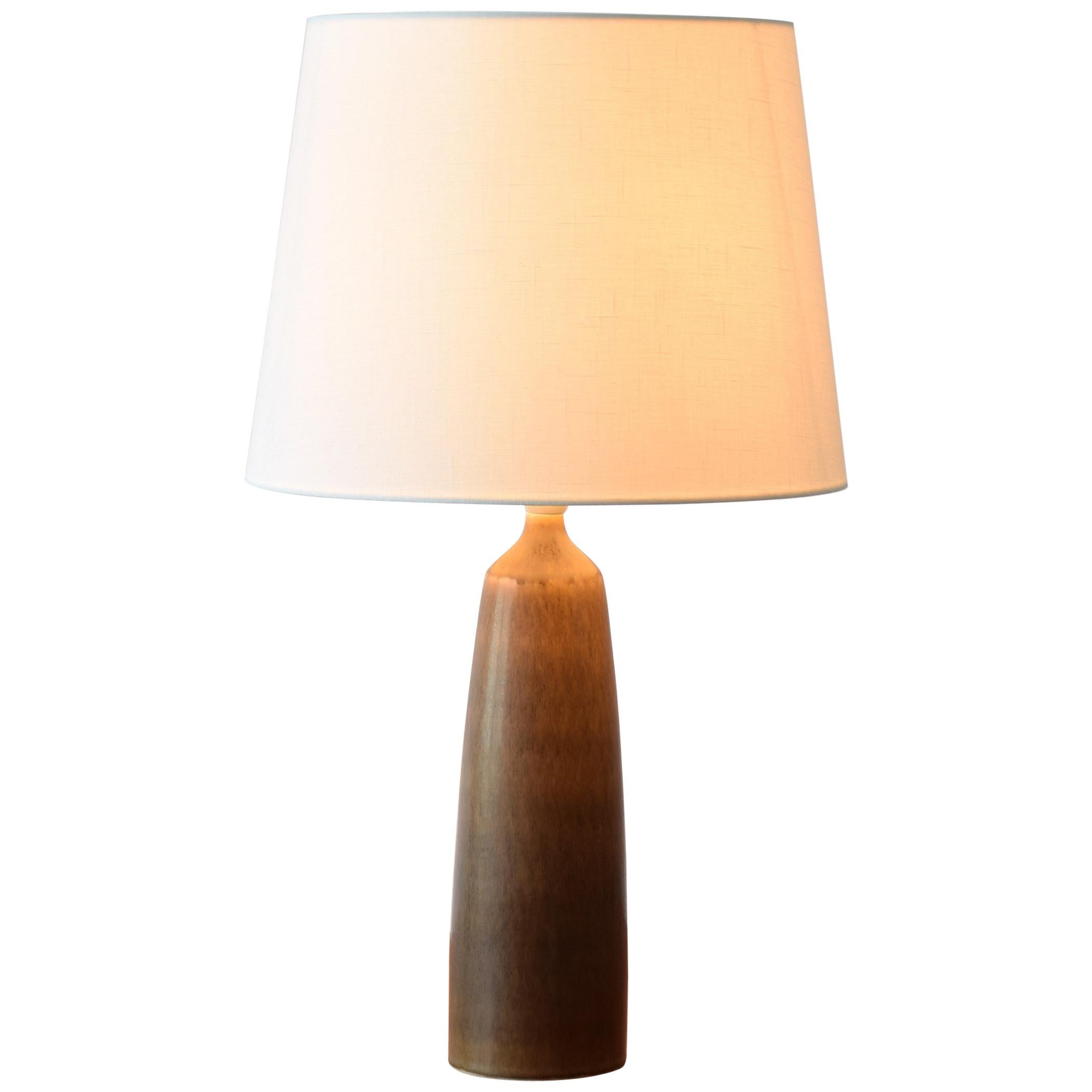Danish Palshus Tall Table Lamp Brown Haresfur Glaze with Lampshade, 1950s