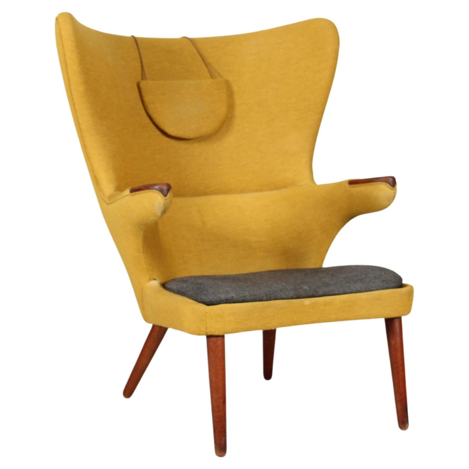 Danish Papa Bear Chair of Teak and Warm Yellow Wool, 1950s For Sale