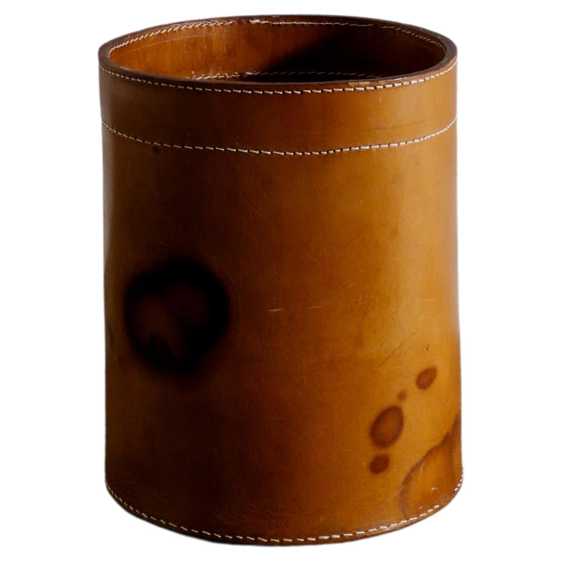 Danish Paper Waste Bin in Patinated Leather Produced in Denmark, 1960s For Sale