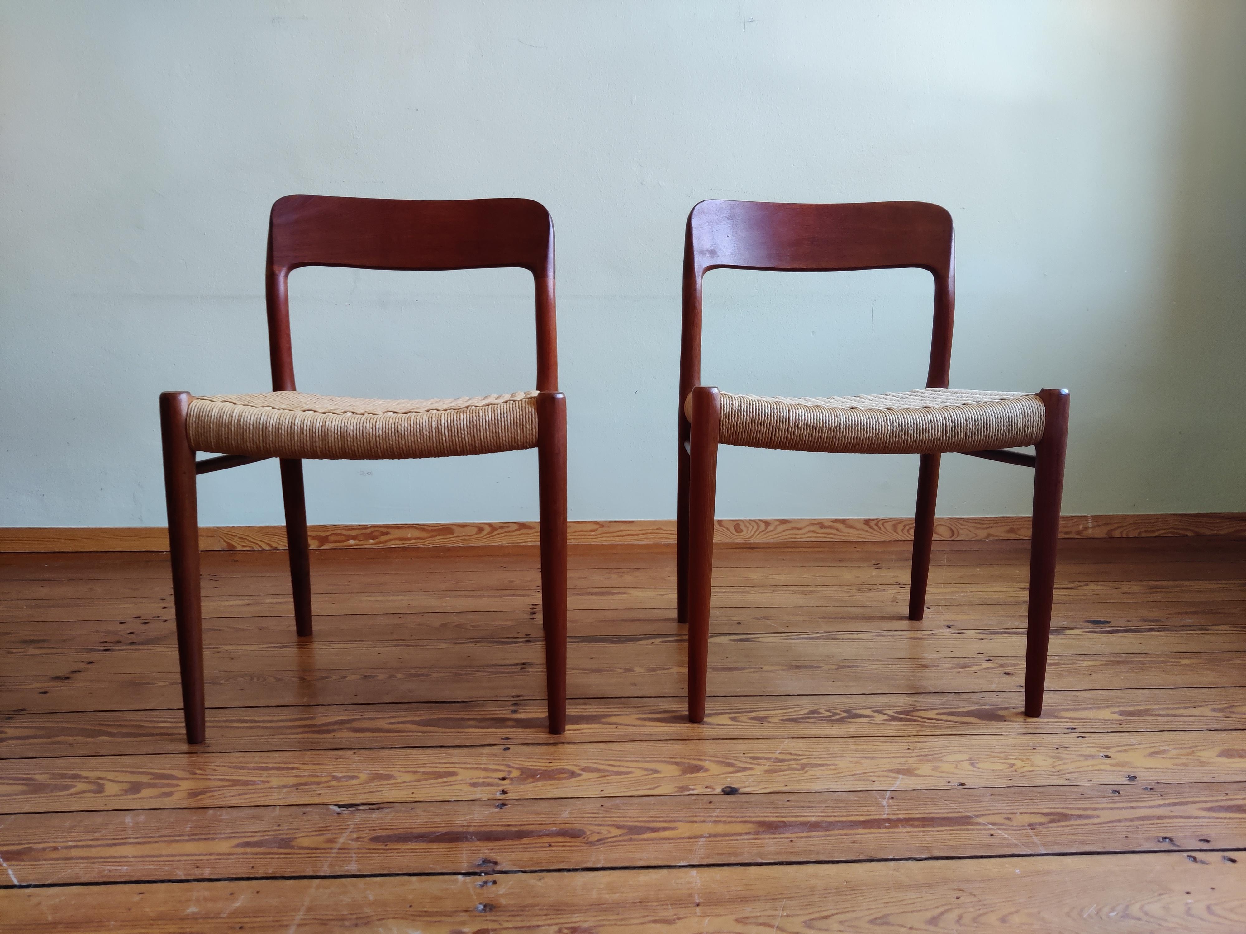 Set of four Danish dining chairs by Niels Otto Mølller.
The chairs with the model number 75 date from the 1950s and have the manufacturer stamped on the underside.
The chair frame is made of teak and the seat is made of paper cord.

Chair